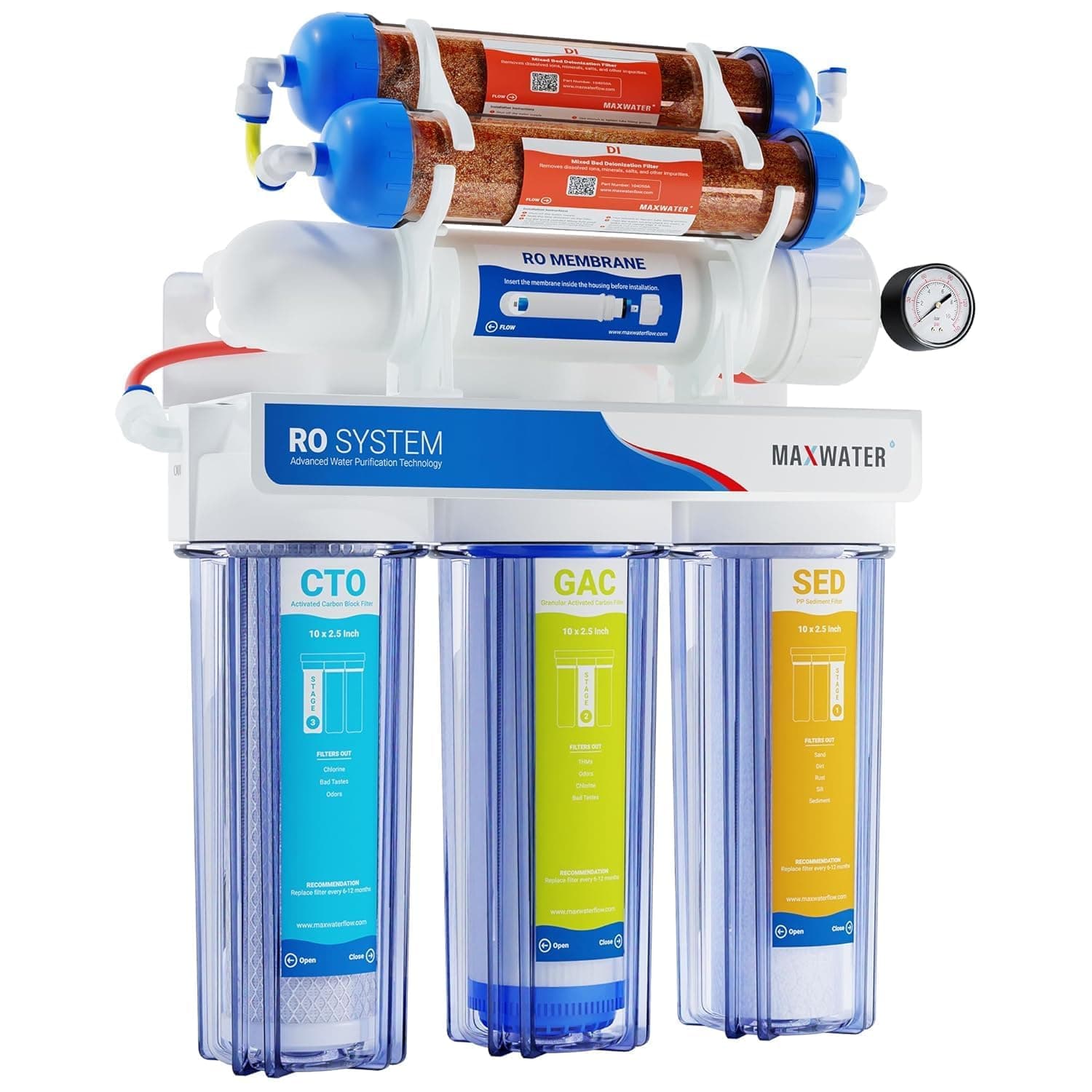 Max Water 6 Stage Aquarium System/RO Water Filtration System with Deionization Filter RO Water Purifier 100 GPD Hydroponics RODI System (Clear)