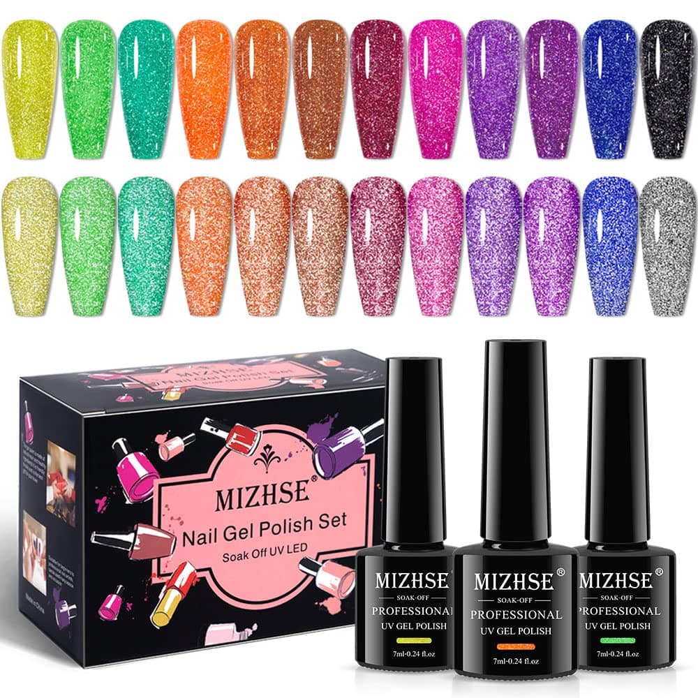 MIZHSE Neon Reflective Glitter Gel Polish 7ml, Sparkly Disco Diamond Nail Polish Kit 12 Pcs, Reflect Blue Pink Soak Off UV LED Manicure Set Nail Art Salon