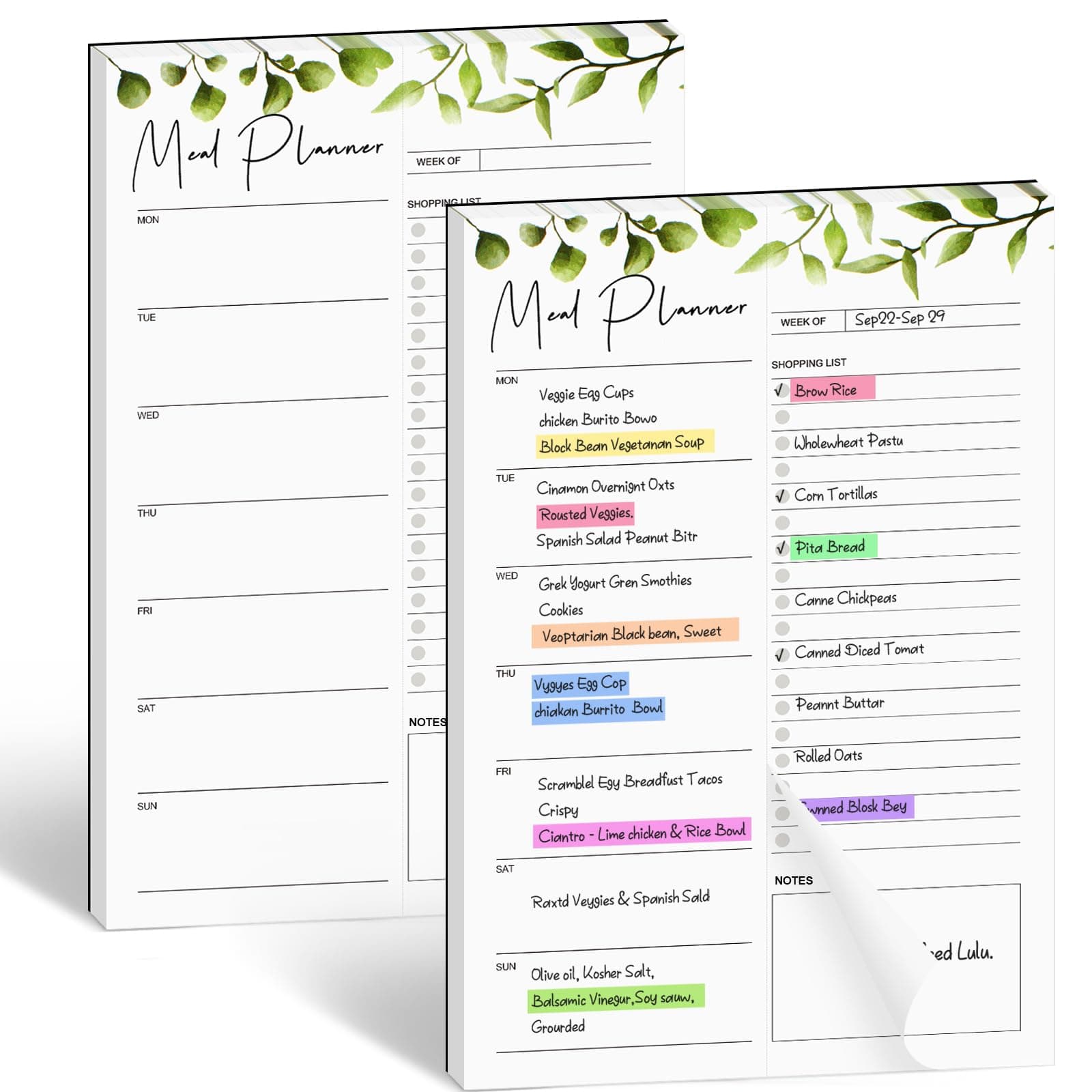 2 PCS Weekly Meal Planner Magnetic for Fridge 8.3x5.5”, Undated Meal Planner and Grocery List Tearable Shopping List, Magnetic Menu Planner for Fridge for Weekly Plan - 50 Pages/Book