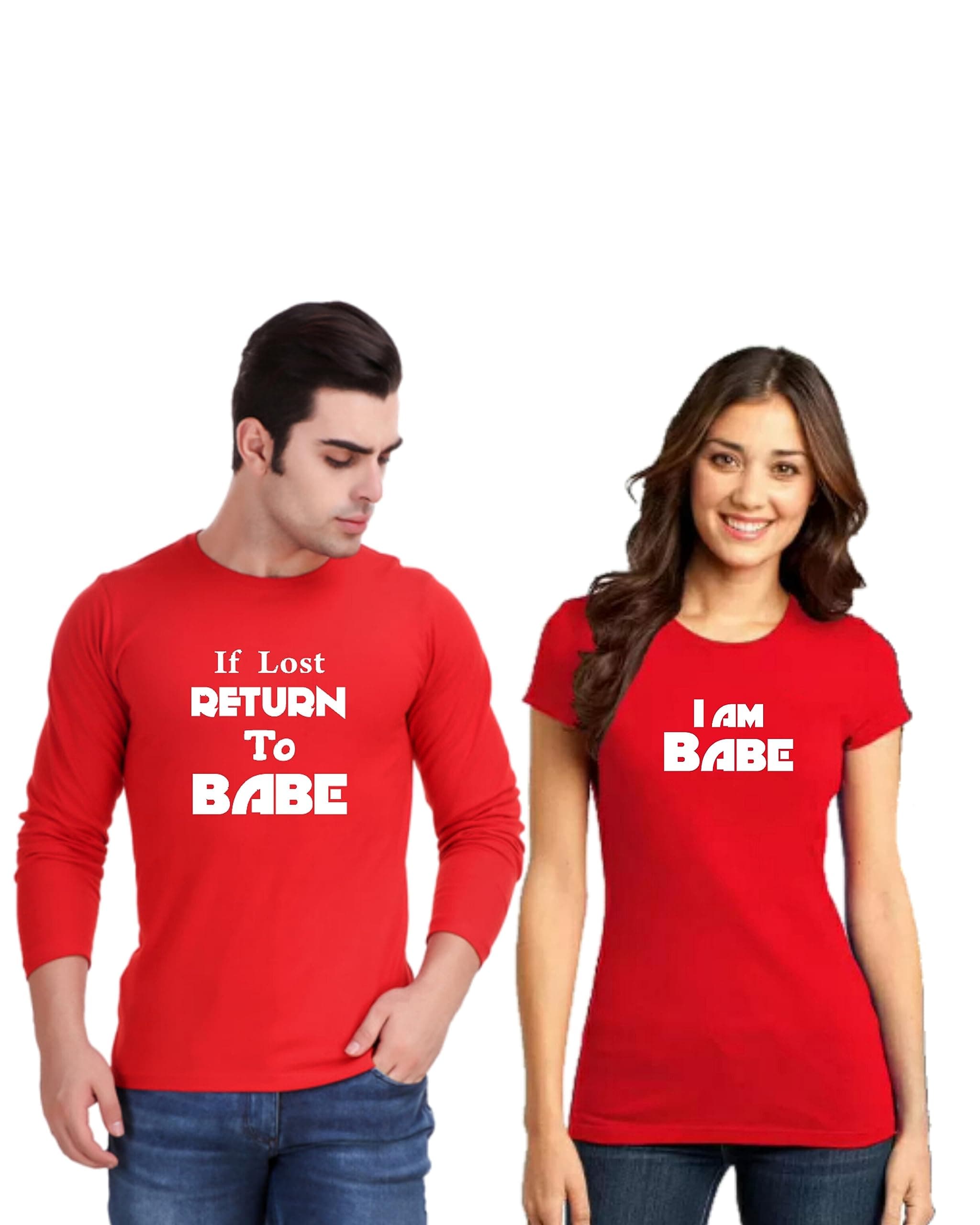 GenericTouchme Fashions | Couple Lovers Pack Cotton | If Lost Return to Babe and I Am Babe | Couples Printed | Full Hand Round Neck | Red T Shirts | for Couple - Pack of 2