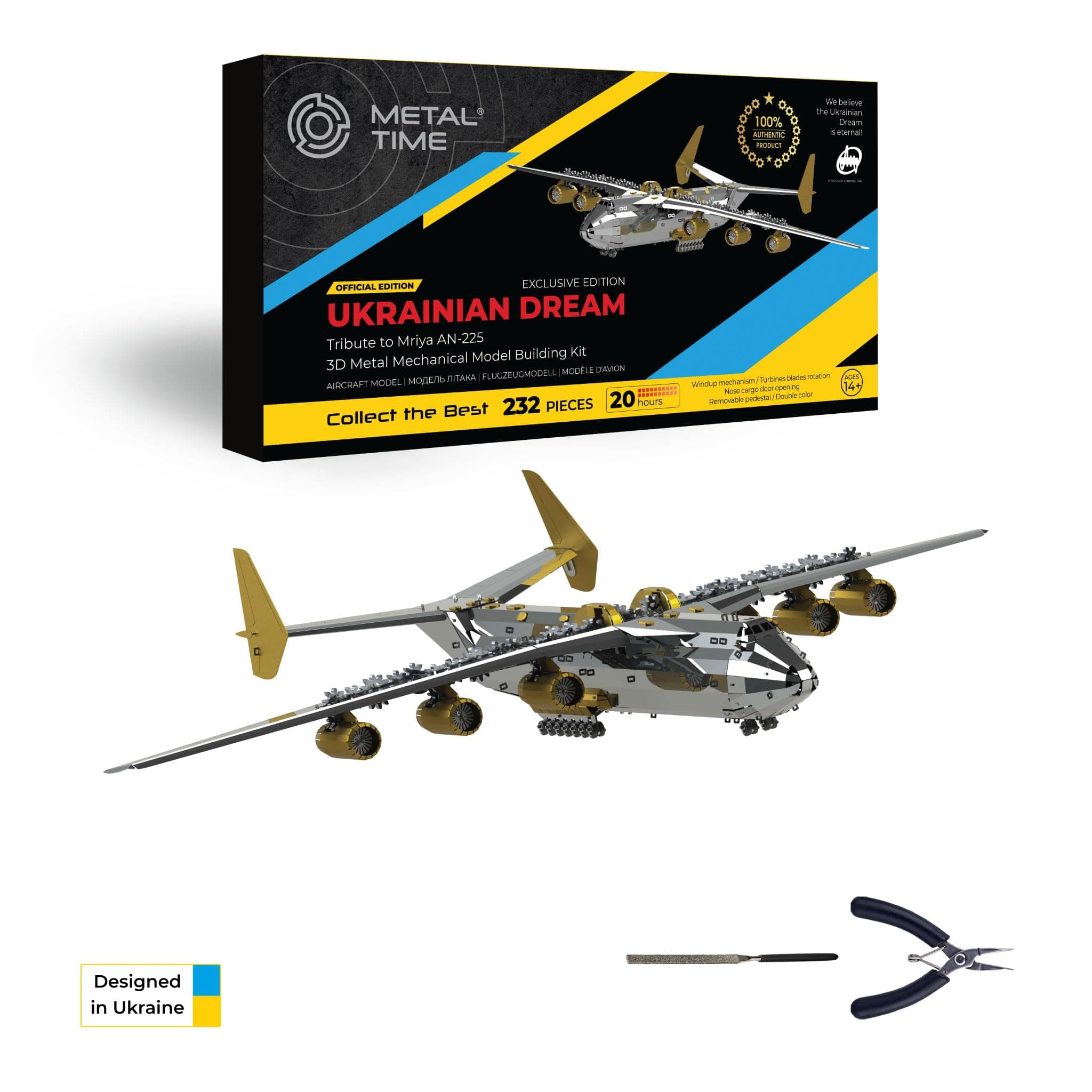 METAL-TIME ANTONOV Mriya AN-225 Exclusive Edition Official Product, Mechanical Model, Cargo Aircraft, 3D Model DIY Kit, Airplane Working Model Ukrainian Dream