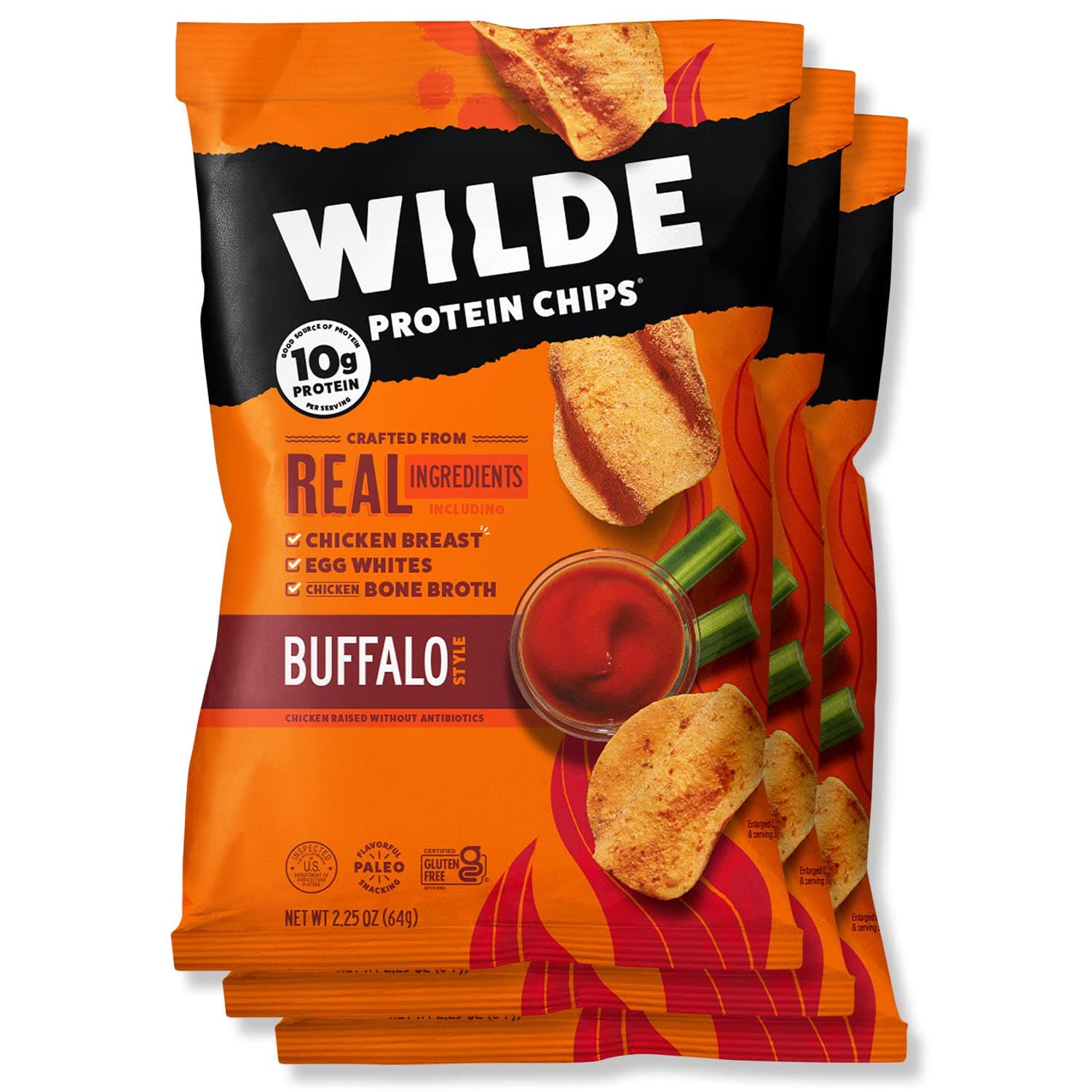 WILDE Buffalo Protein Chips, Thin and Crispy, High Protein, Keto Friendly, Made with Real Ingredients, 2.25oz Bags (Pack of 3)…