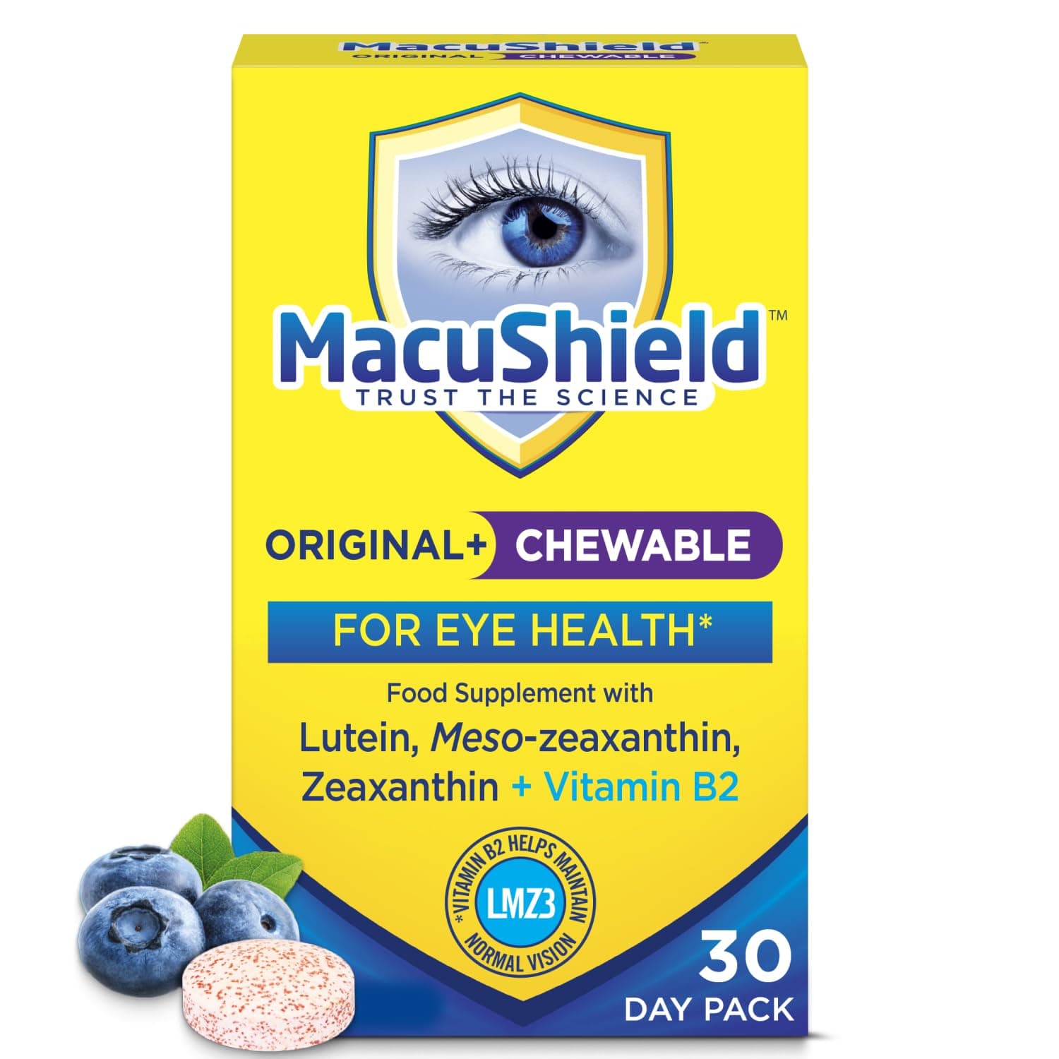 Original Plus Chewable – 30 Day Pack, Eye Health Supplement* with Lutein, Zeaxanthin and Meso-zeaxanthin + Vitamin B2 (Riboflavin) which Helps Maintain Normal Vision, Bilberry Flavour