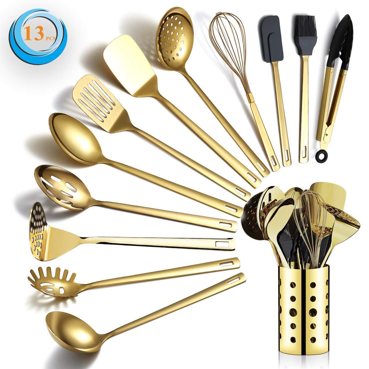 Gold Cooking Utensils Set, Berglander Stainless Steel 13 Pieces Kitchen Utensils Set with Titanium Gold Plating, Kitchen Tools Set with Utensil Holder, Dishwasher Safe, Easy to Clean