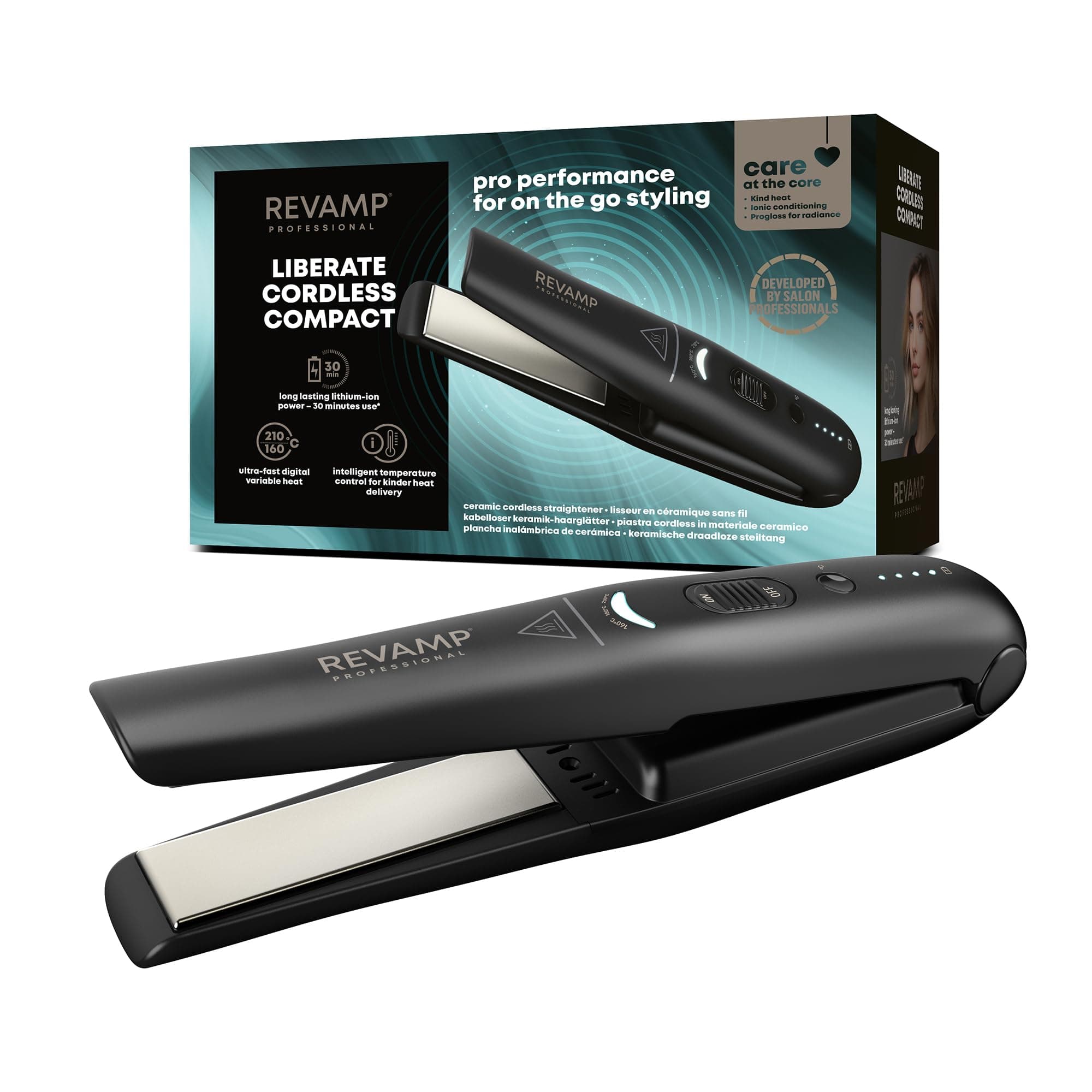 REVAMP Liberate Cordless Compact Ceramic Hair Straightener - Cordless Hair Straighteners, Rechargeable Battery Travel Straightener, Portable Straighteners for Straight, Curl & Wavy Styles - Black