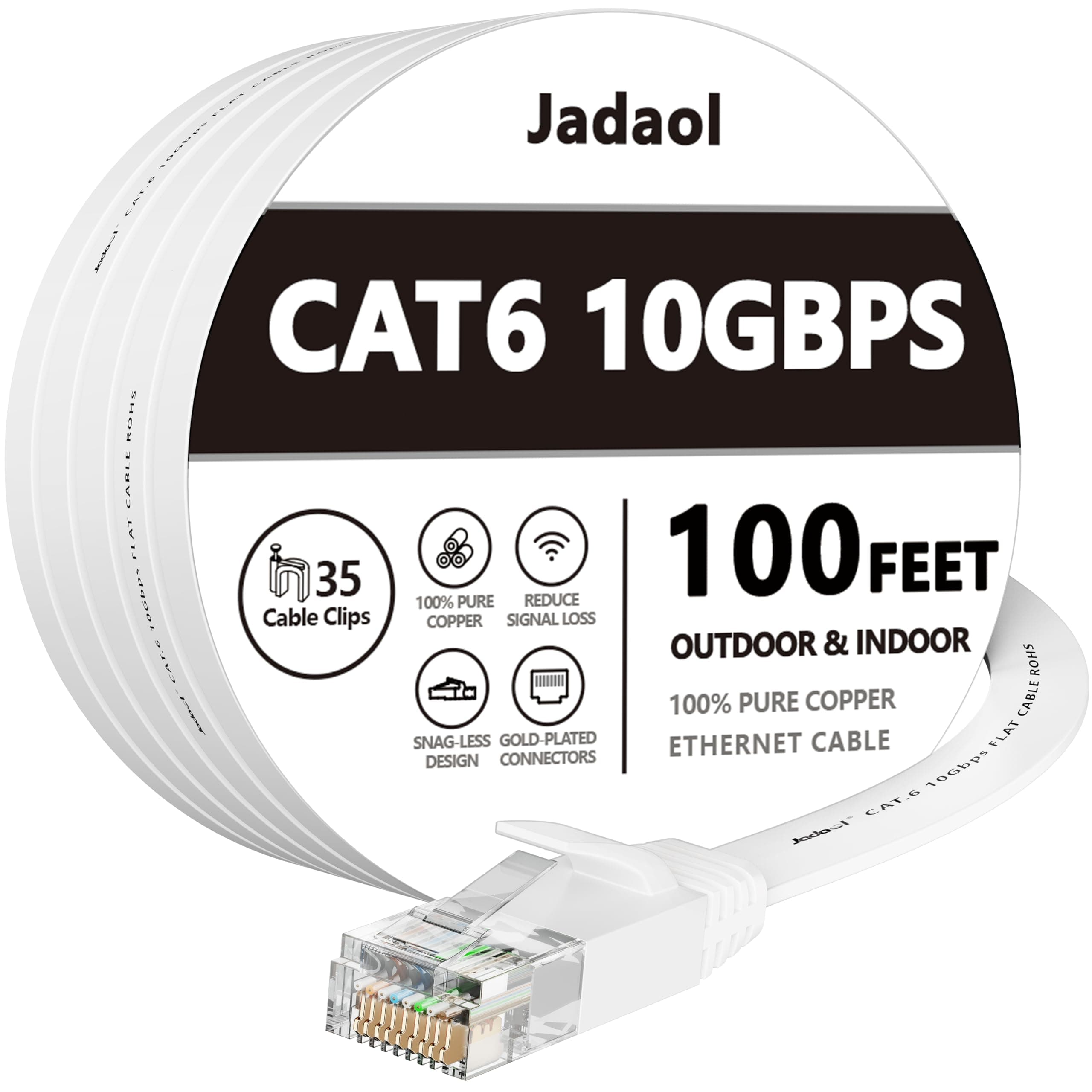 Cat 6 Ethernet Cable 100ft, 10Gbps Support Cat8 Cat7 Network, Flat RJ45 LAN Patch Cable, High-Speed Wired Internet Cable for Router, Modem, Switch, Gaming Consoles, PC, Streaming Devices, White