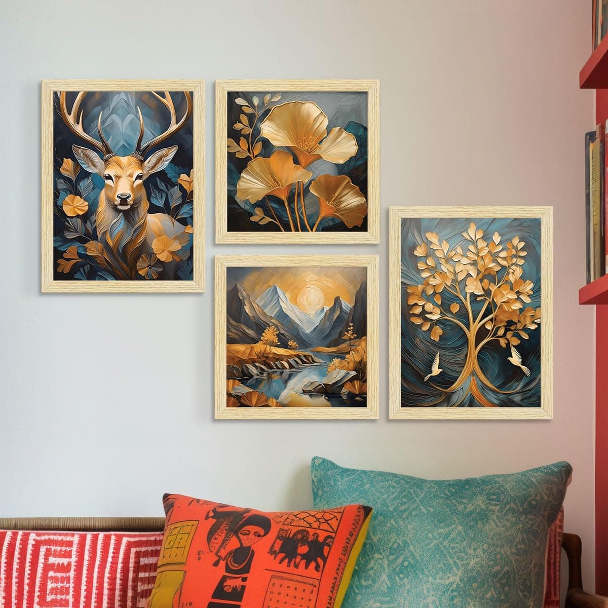 ArtX Paper Golden Deer Sunrise Scenery Flower Tree Art Paintings with Frame for Home Decor, Wall Painting for Living Room, Multicolor, Natural Wood Color Frames, Set of 4