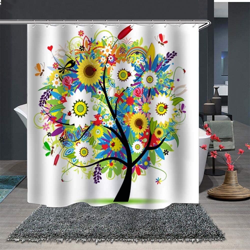 Shower Curtains 100% Polyester 3D Bathroom Curtains Waterproof Anti Mould Curtains 12PCS Hooks Dolphin Bath Curtains (Tree, 180X180cm)