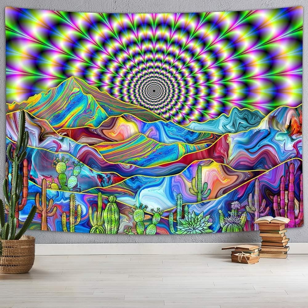 DYNH Psychedelic Mountain Cactus Tapestry - Mystic Surreal Abstract Colorful Landscape - Trippy Hippie Boho Wall Hanging for Bedroom Dorm,40X30IN
