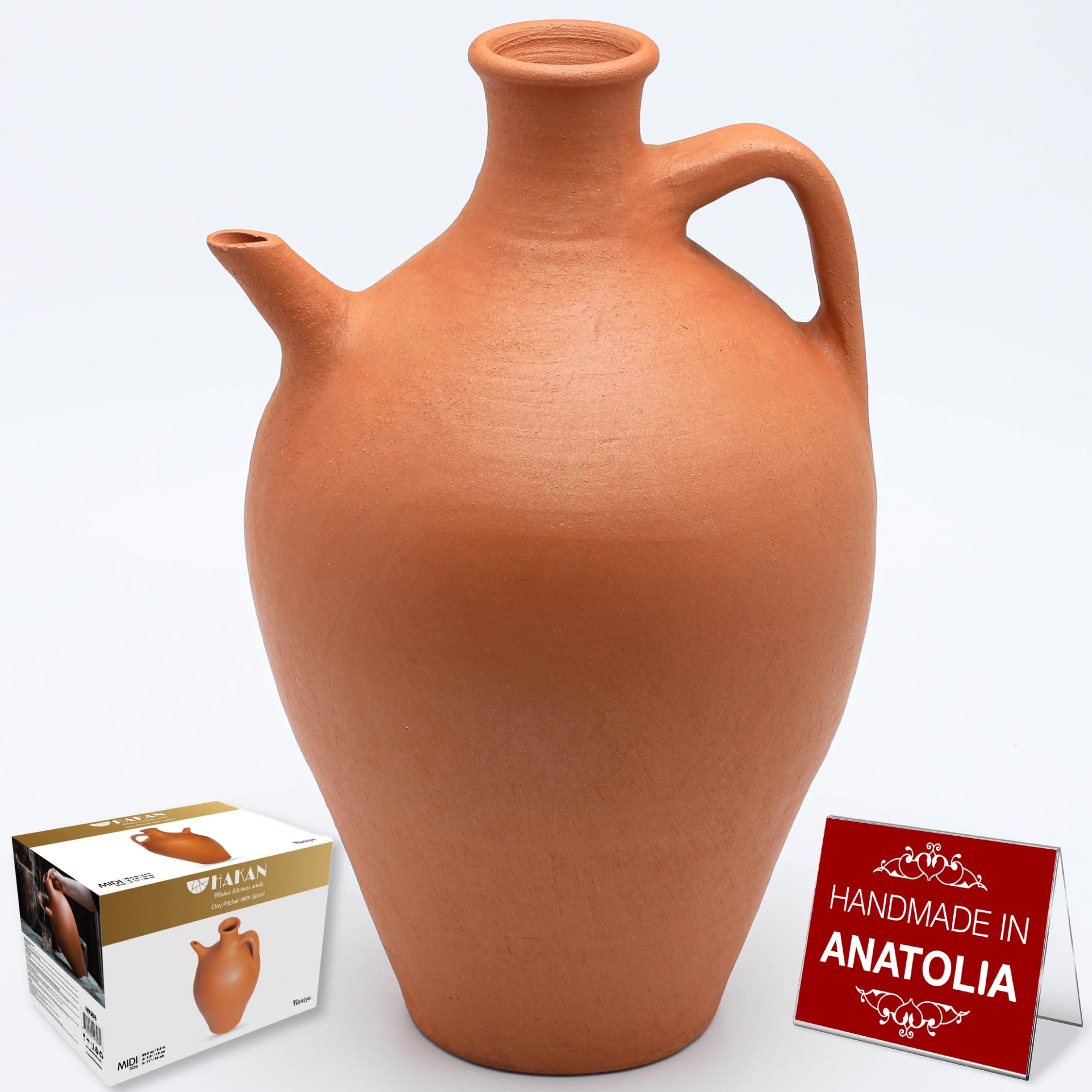 Hakan Handmade Unglazed 4.6 L, 155 Oz, Large Clay Pitcher with Spout Terracotta Pitcher, Natural Home Decor, Vintage Drinking Bottle, Earthenware Beverage Jar, Cappadocia Pottery Water Jug, 4.8-Quart