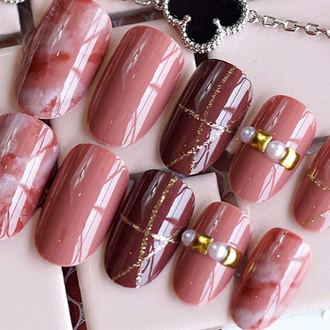 24Pcs False Nails Pink Marble with Pearl Bling Glitter Glossy Art Tips for Women