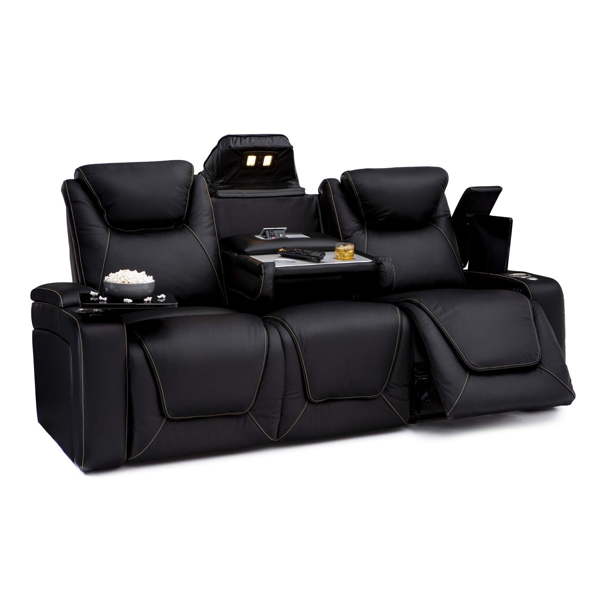 Seatcraft Vienna Home Theater Seating - Living Room - Italian Leather - Power Recline - Power Headrest - Powered Lumbar - USB Charging - Cup Holders - (Sofa with Fold Down Table, Black)