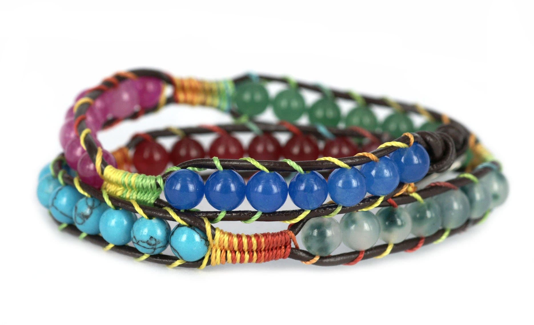 BLUEYES COLLECTION "Amiable Multi-Color Gems Spacing Rainbow Cord Sennit Leather Bracelet, 6mm/Bead