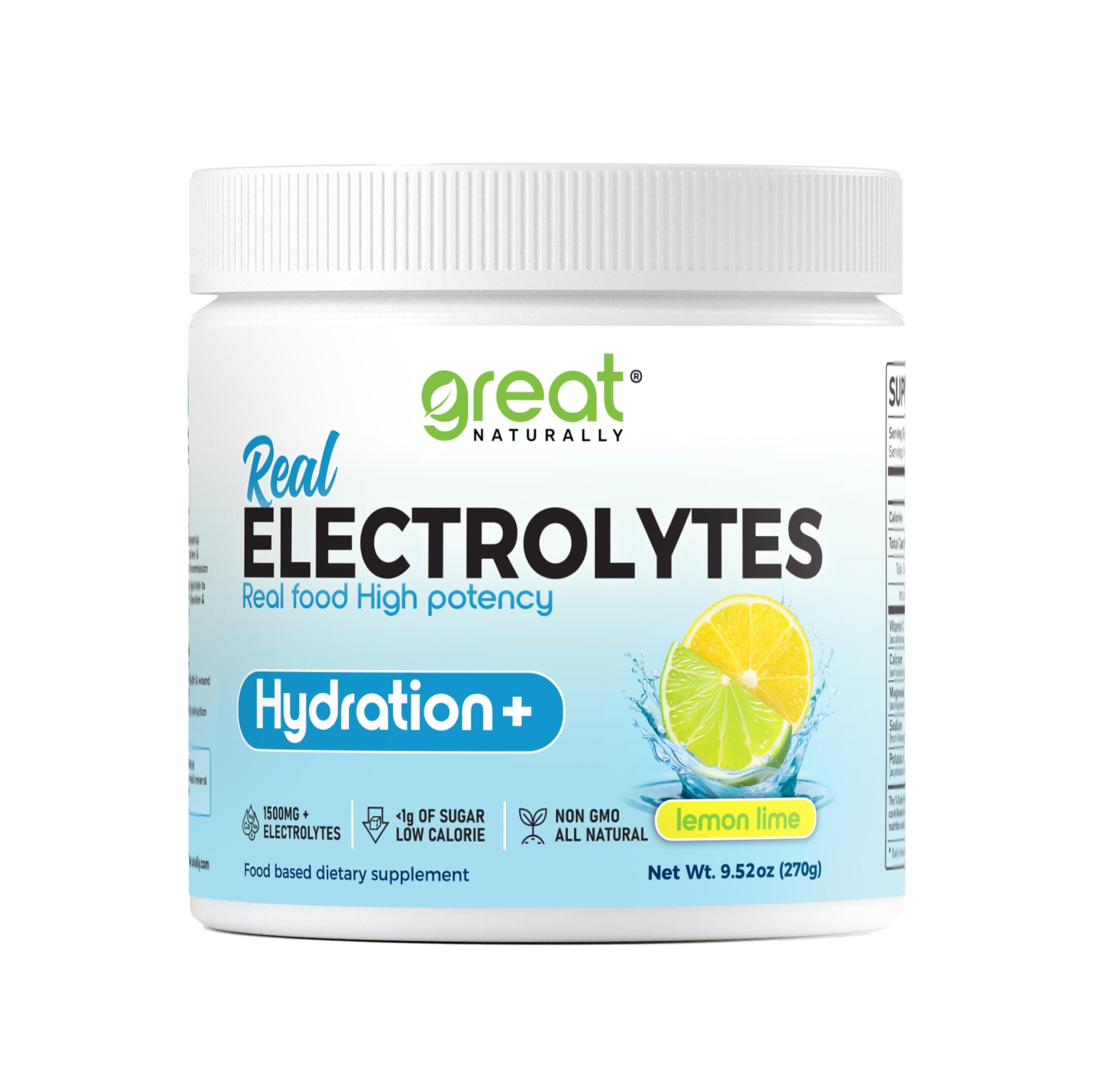 Electrolytes Powder Hydration | Real Food High Potency | Lemon Lime 30 Servings | High Potency Electrolyte Powder | Hydration Drink Mix | Electrolyte Supplement with Potassium Magnesium Calcium