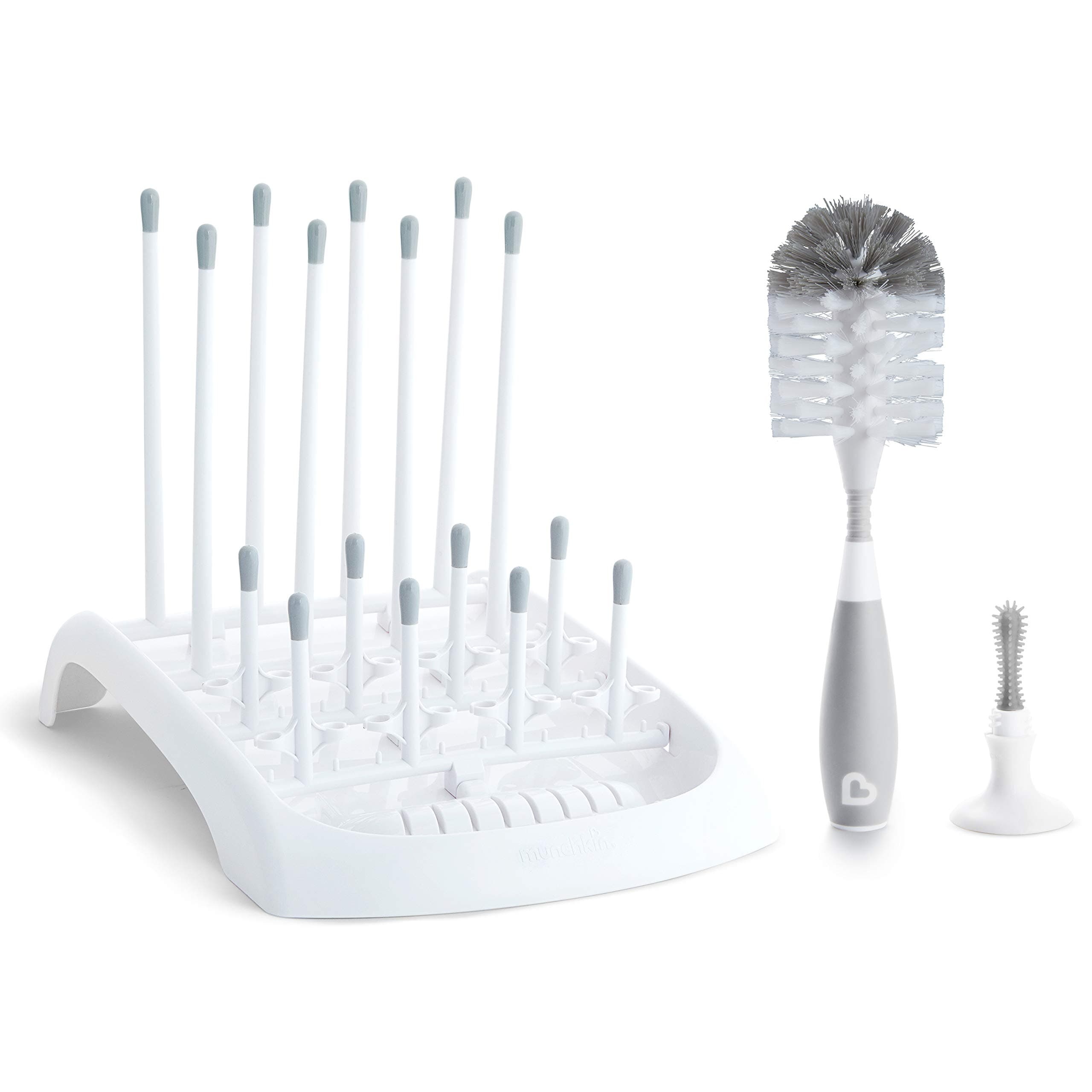 Fold Baby Bottle Drying Rack and Bristle Bottle Brush Cleaning Essentials Set, White/Grey