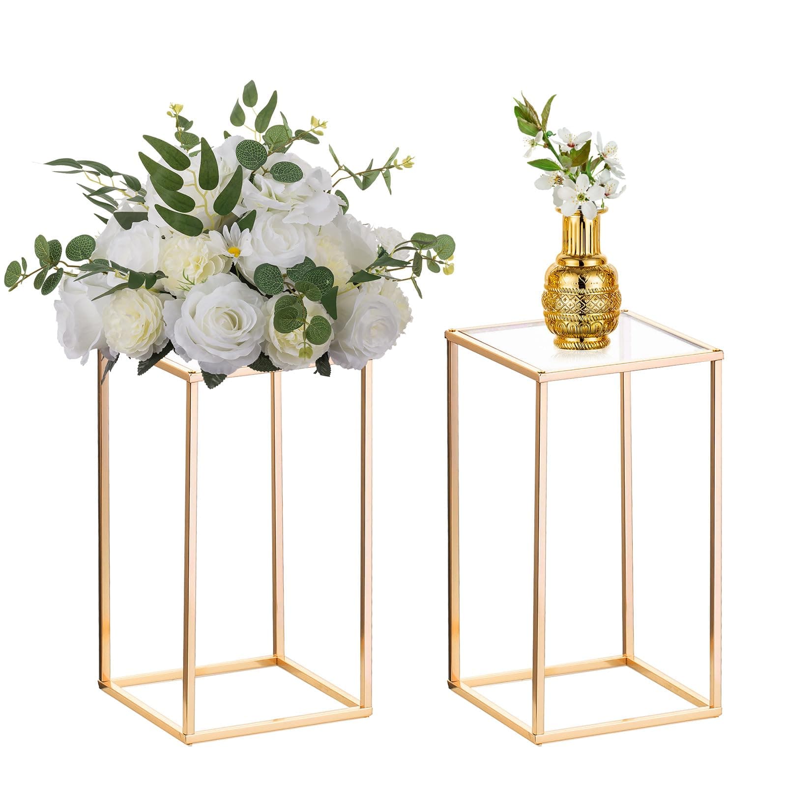 Nuptio 2 Pcs Metal Floor Vase Column Stand Geometric Centerpieces for Tables, 15.75in Tall Gold Holder for Home Party Wedding Decorations, Rectangular Display Rack