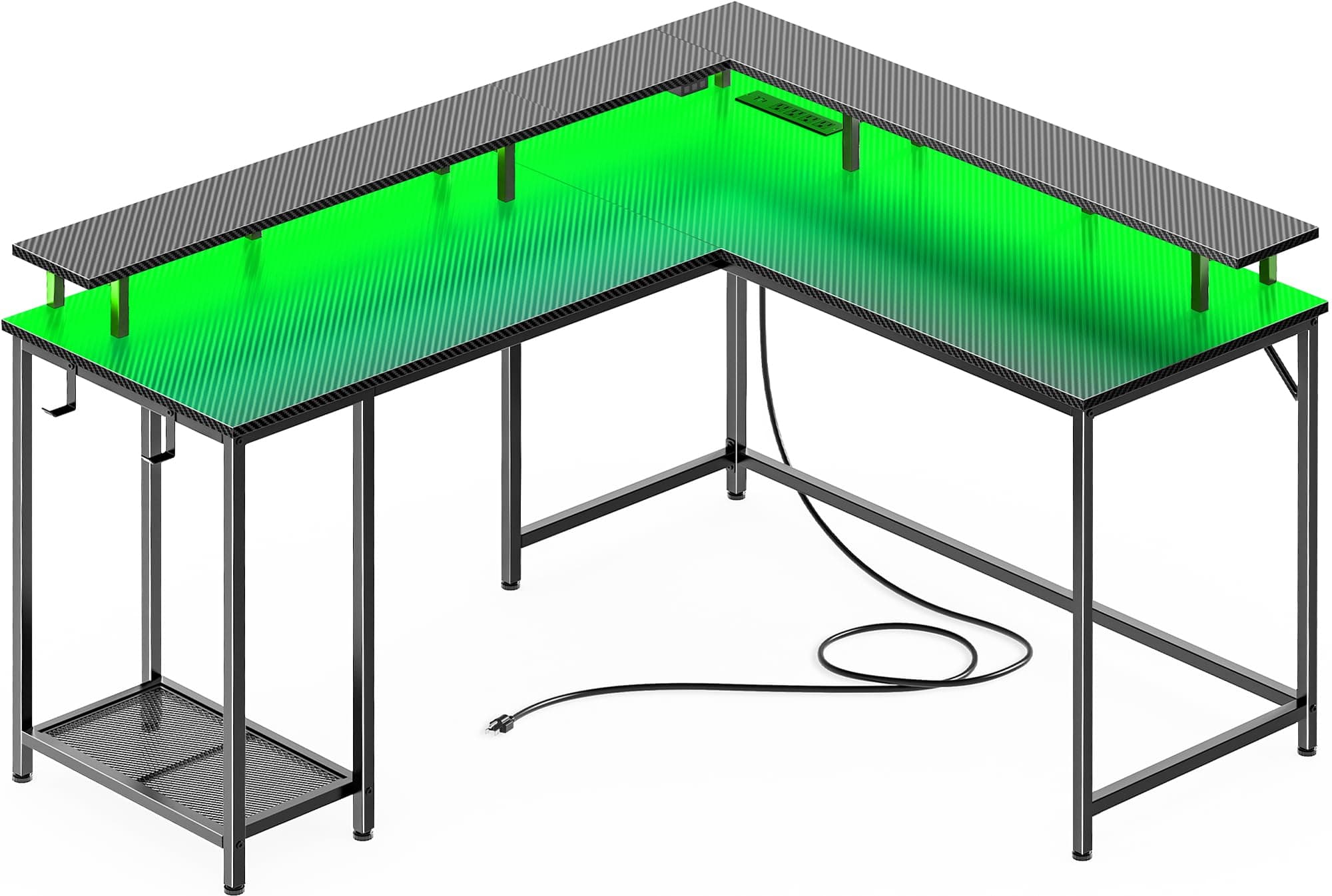 SUPERJARE Desk L Shaped Gaming Desk with LED Lights & Power Outlets, Computer Desk with Monitor Stand, Home Office Desk Corner Desk with Headphone Hooks, Carbon Fiber Black