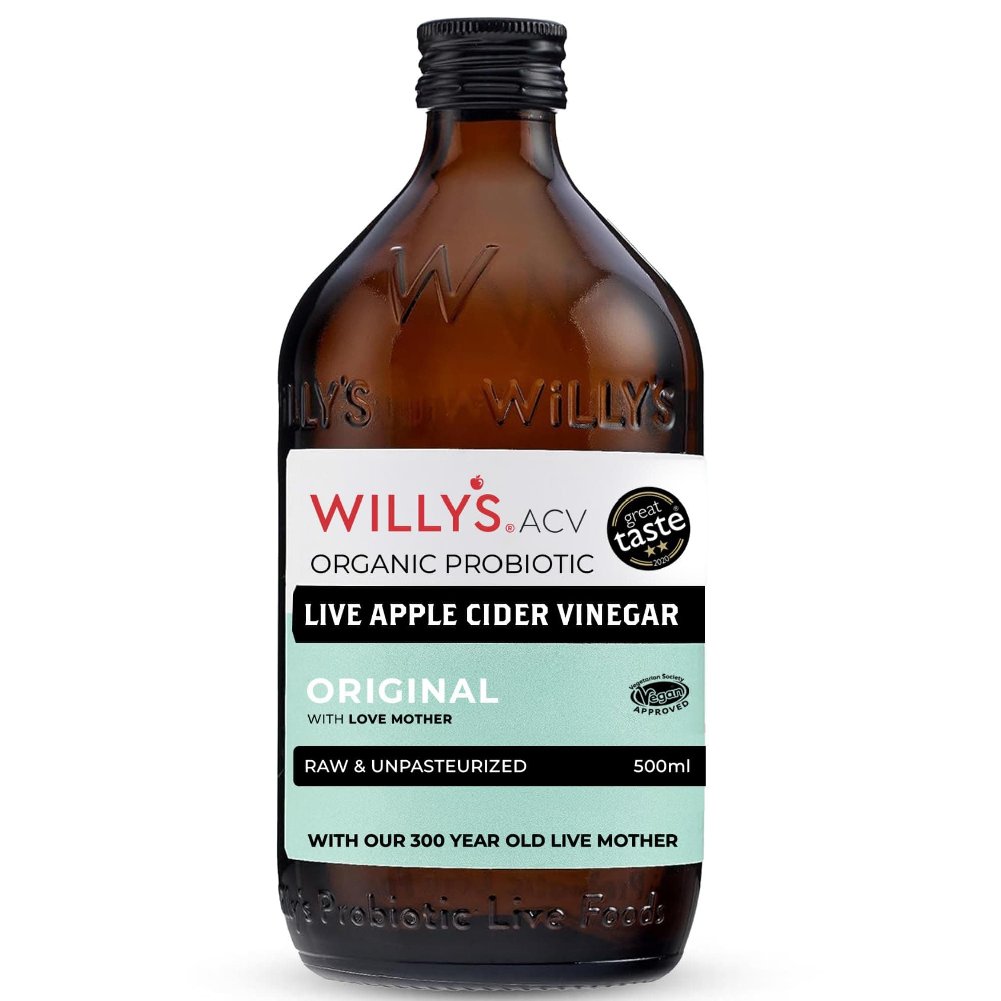 WILLY'S Apple Cider Vinegar with Live Mother - Probiotics for Detox & Gut Health - 500ML Glass Bottle - Organic, Raw, Unpasteurised, Naturally Fermented ACV