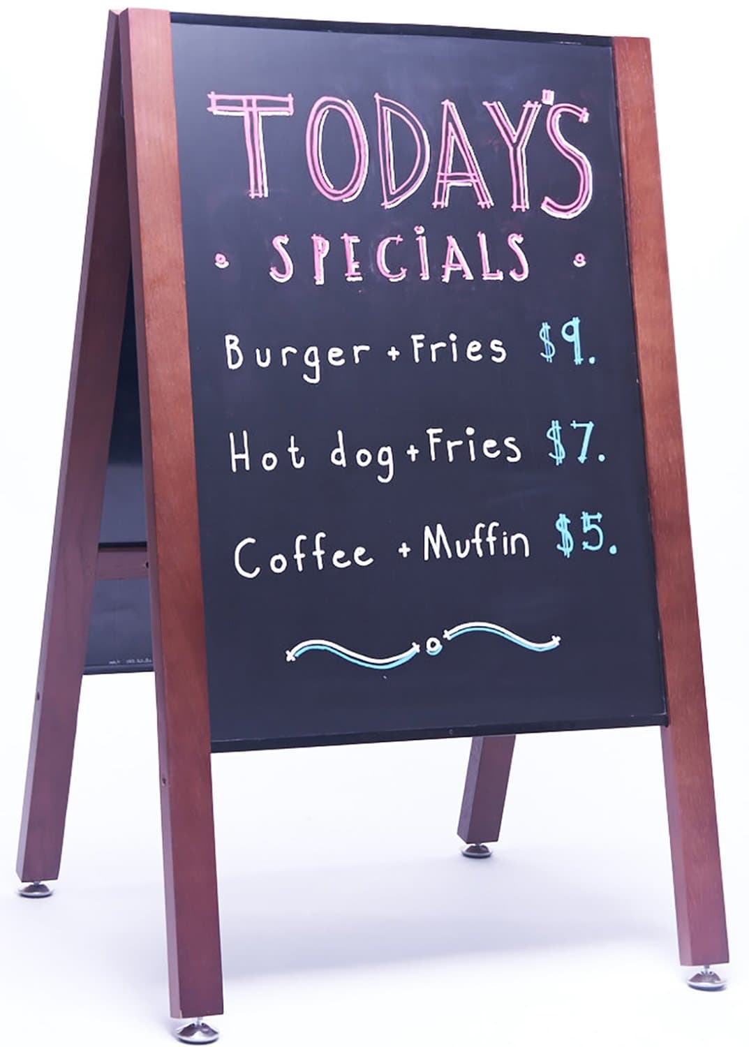 New! Sidewalk A frame Mahogany Sandwich Chalkboard Sign with Wheels. Double-sided Slide-in Magnetic Chalkboards (18" x 26") for liquid or normal chalk. + BONUS Accessories: Eraser, Magnets, Chalk.