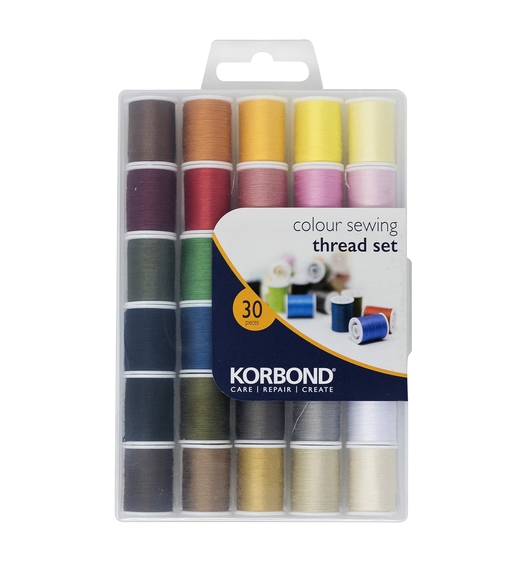 Korbond Complete Thread Set-1350m-30 x 45m Colours – Hand and Machine Sewing, Repairs, Crafting, Polyester, Multicoloured, 30 Spool
