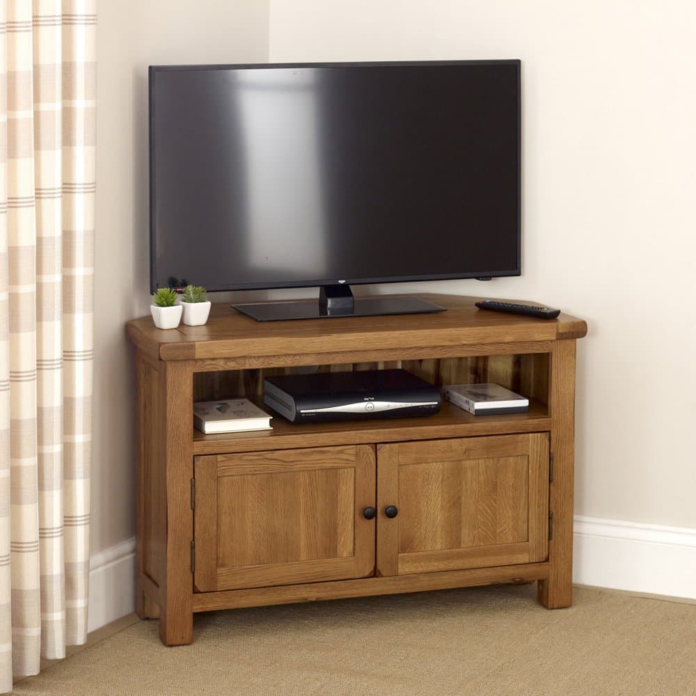 Rustic Oak Corner TV Cabinet | Solid Oak TV Stand with Storage Cupboard & Media Shelf | Fits TVs up to 50 Inch | Dark Oak Finish | Country Style Living Room Furniture | H665 x W1000 x D500mm