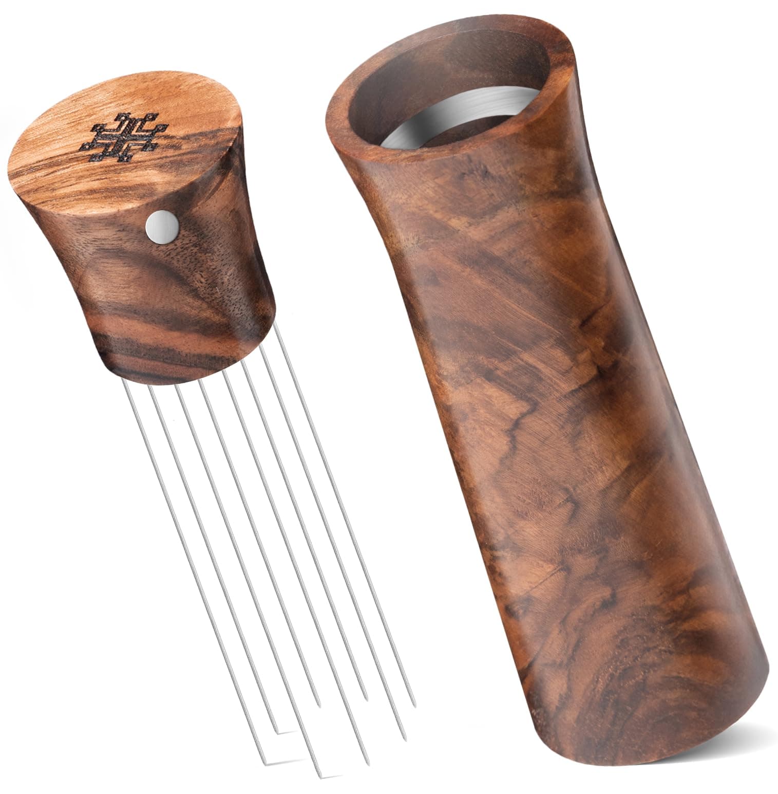 Espresso Distribution WDT Tool - Walnut Wood Coffee Stirrer for Kitchen with Holder - Professional Barista Accessories with 8 Needles 0.4 mm, Extra 0.3 mm Needle - Gift for Coffee Lovers