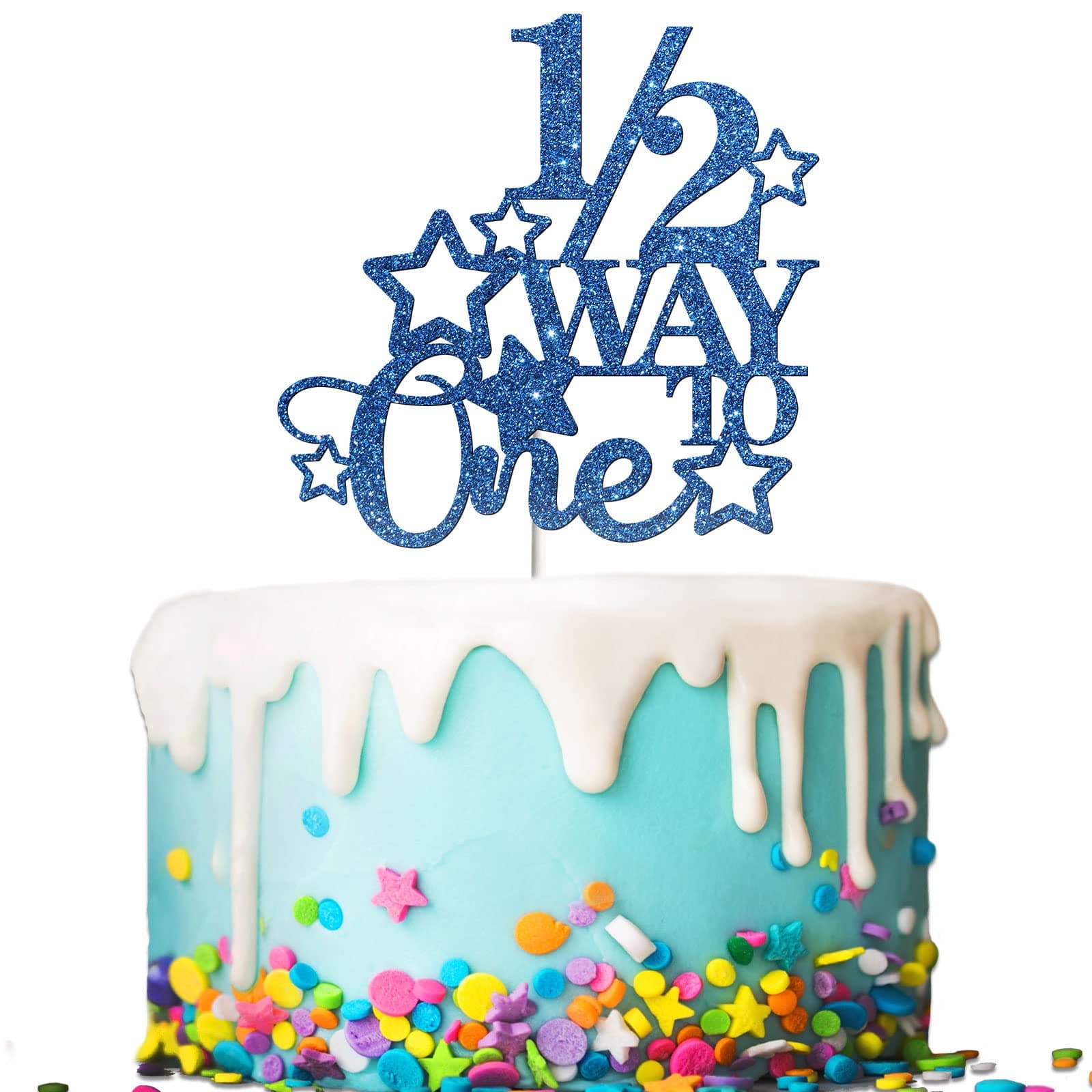 Tenhaisi Deep Blue 1/2 Way to One Cake Topper, Baby Half Birthday Party Supplies, Glittery 6 Months Cake Topper, Baby Shower Party/Gender Reveal Party Decorations