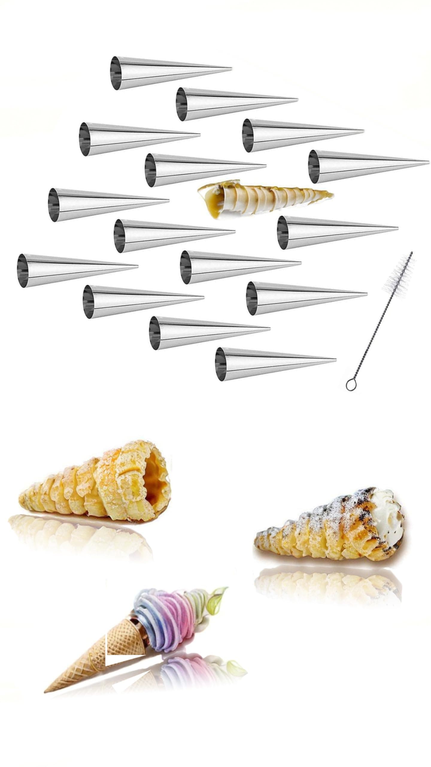 – Silver Croissant Molds,Stainless Steel Cone Form Tubes with Slant Edges,16 Pcs Set with Cleaning Brush, Mirror-Polished for Effortless Release, good for Parties, Weddings