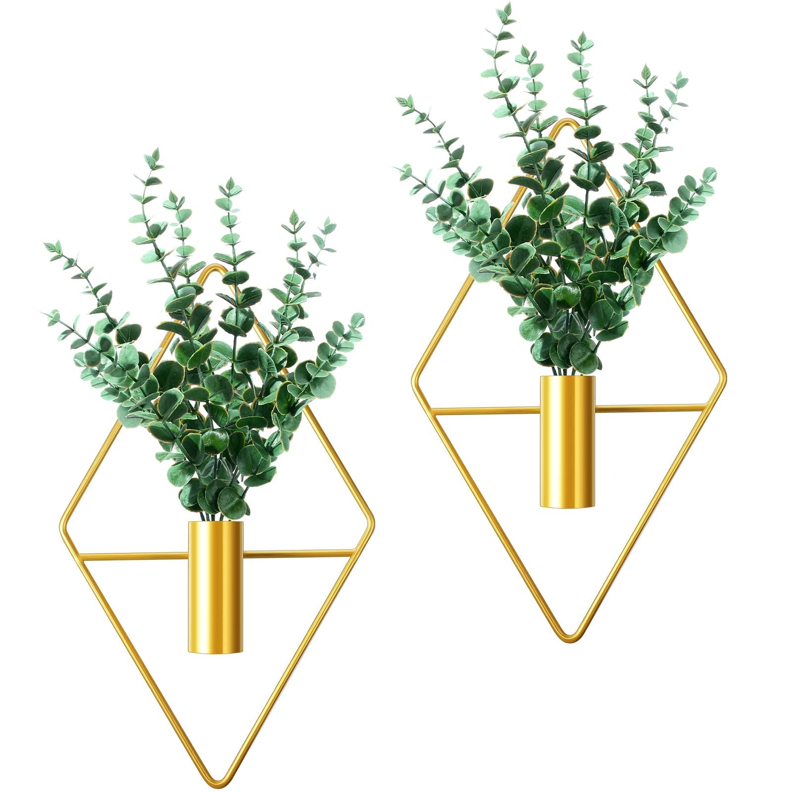 2 Pieces Diamond Shape Hanging Planters with Artificial Aquatic Plants Metal Hanging Vase Indoor Plants Holder Modern Geometric Wall Decor for Home Living Room Office (Gold,Eucalyptus)