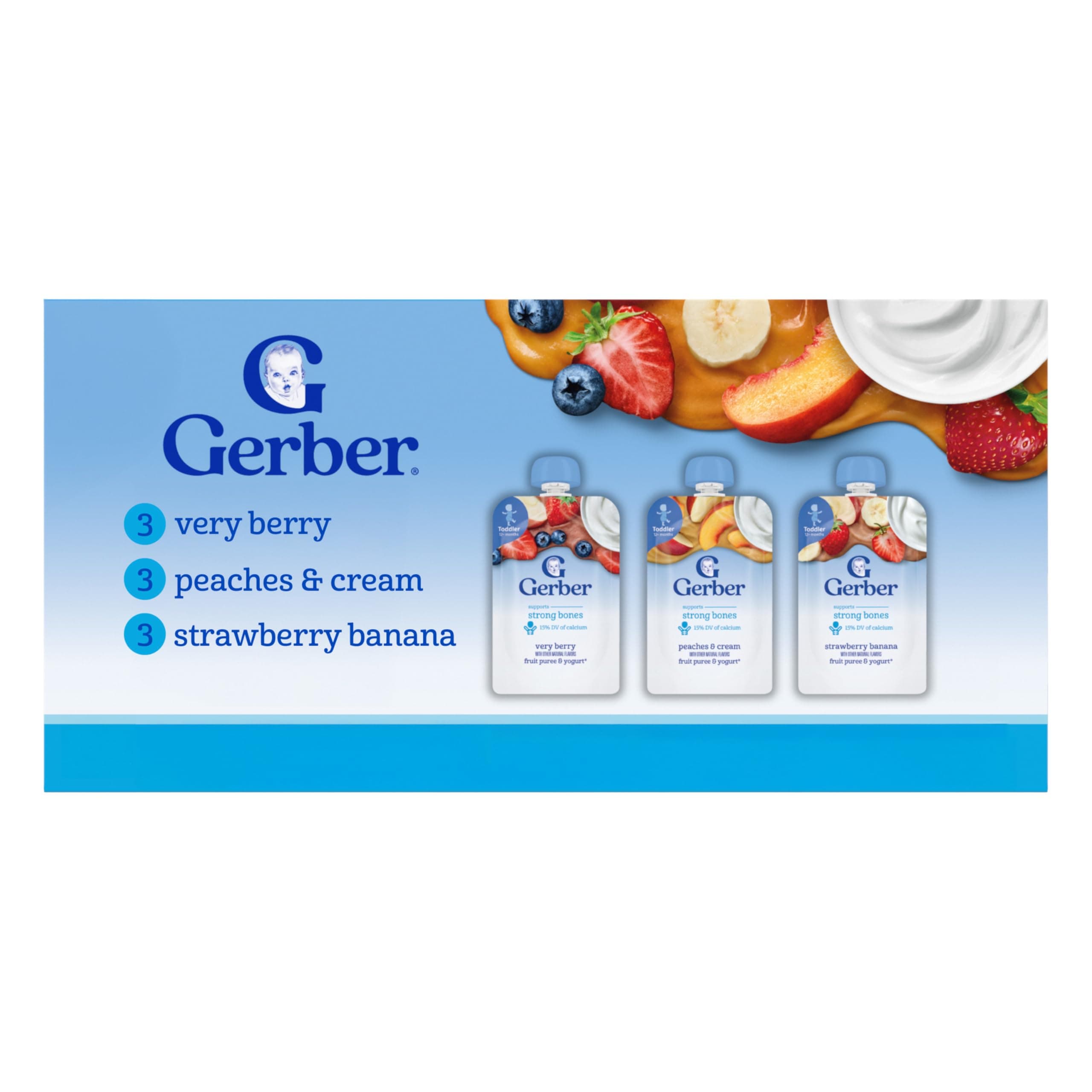 Toddler Food, Very Berry, Peaches & Cream, Strawberry Banana, Fruit Puree and Yogurt Pouches, Calcium Helps Support Strong Bones, No Artificial Flavors, 9-Pack