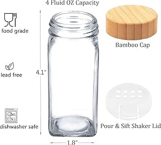 SWOMMOLY 24 Pcs Glass Spice Jars with Labels for Kitchen Storage, 4 oz Spice Jars with Bamboo Lids, Empty Square Spice Bottles with Shaker Lids, Spice Containers with White Spice Labels Stickers