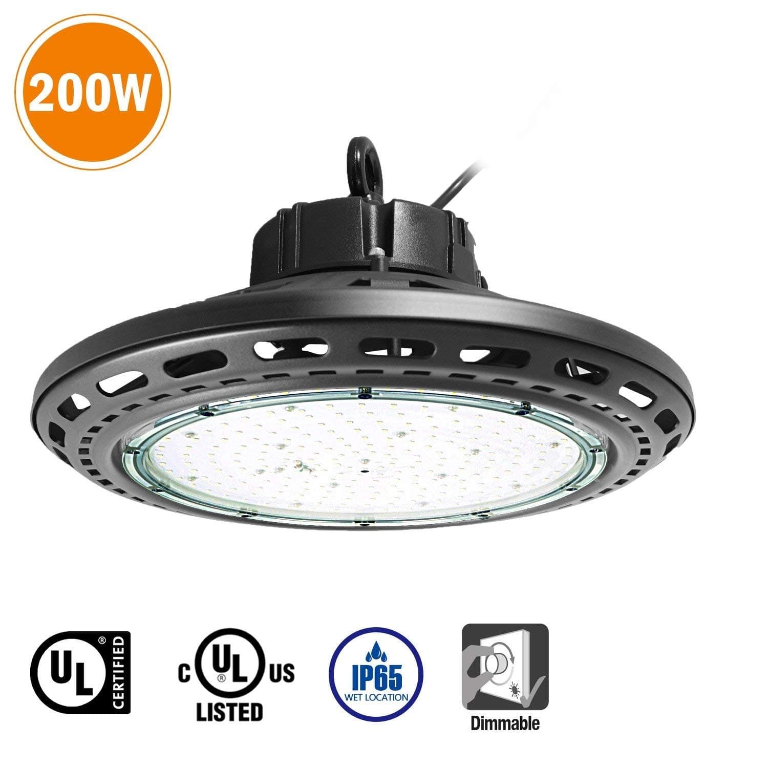 200W UFO High Bay Lighting LED High Bay Light(800W HID/HPS Equivalent) 26000 Lumens 150LM/W Mean Well HBG Driver 5000K White light Lumileds SMD 3030 LED for Warehouse Garage Gym Workshop UL Listed