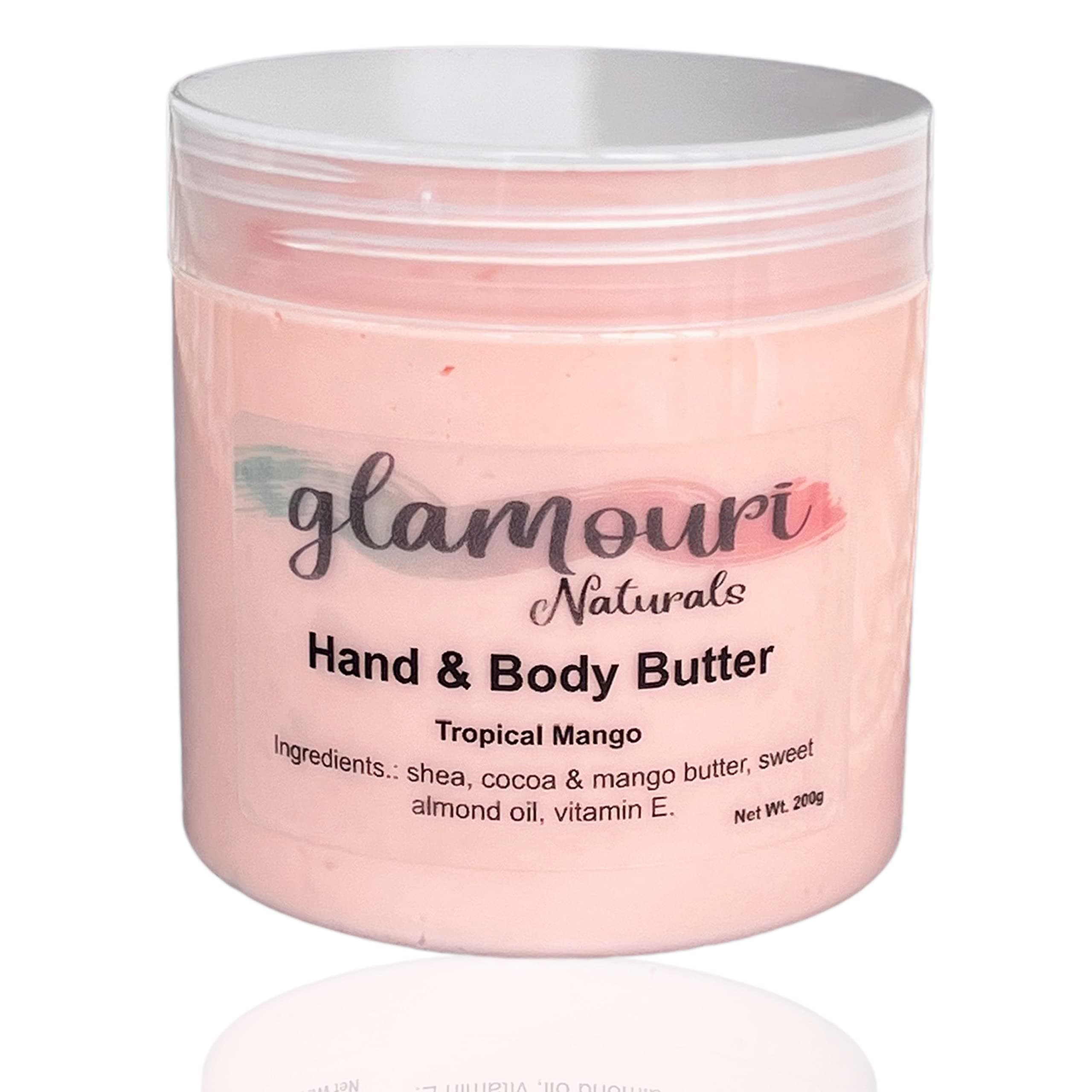 100% NATURAL & Luxurious Body Butter made of anti-oxidants (Vitamin E, Mango, Shea & Cocoa Butters). Mixed with nourishing Sweet Almond Oil. (Mango, 200g)