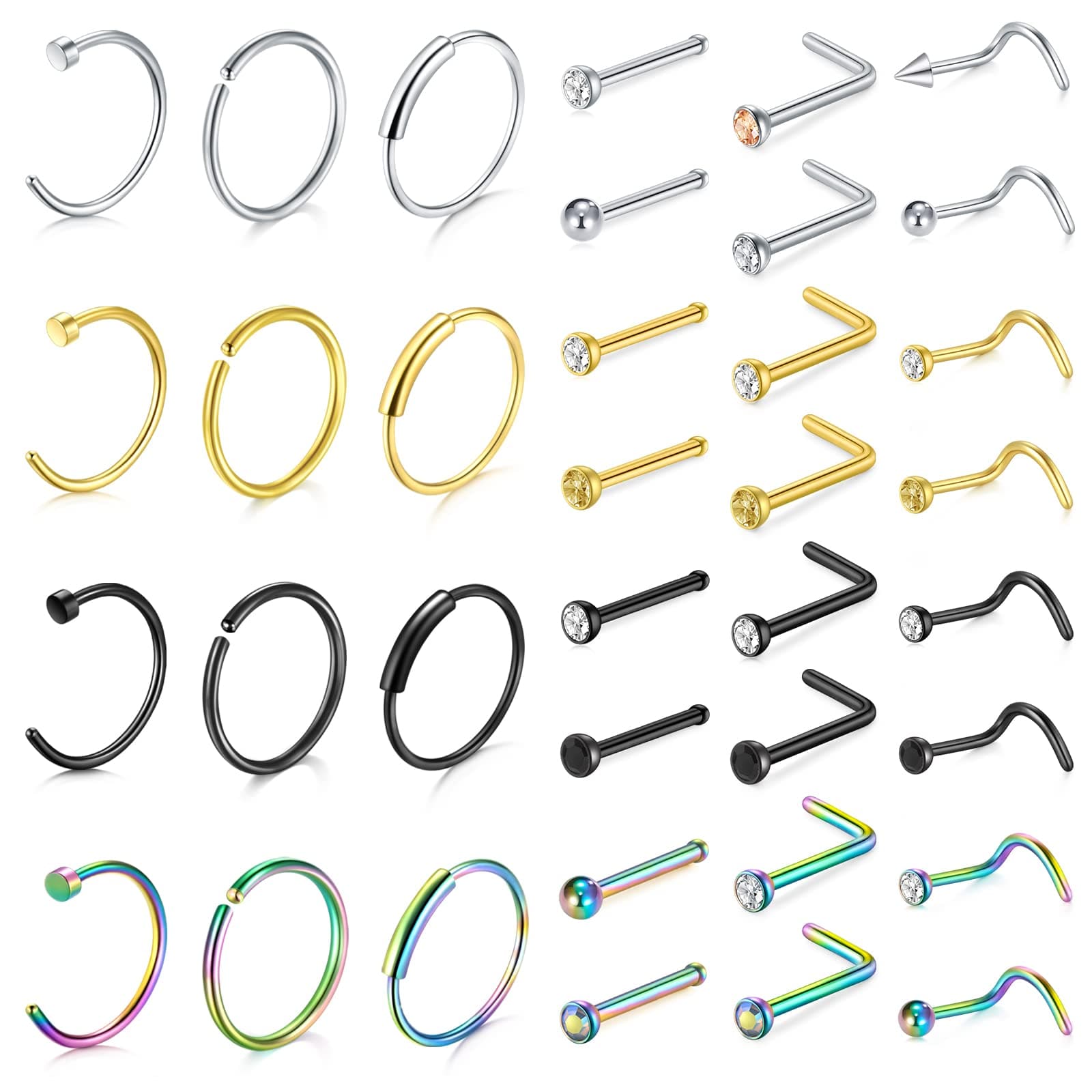 Zolure18g 20g 22g Nose Rings Nose Studs Surgical Stainless Steel Screw L Shaped Pin Bone Nose Nostrial Piercing Jewerly for Women Men