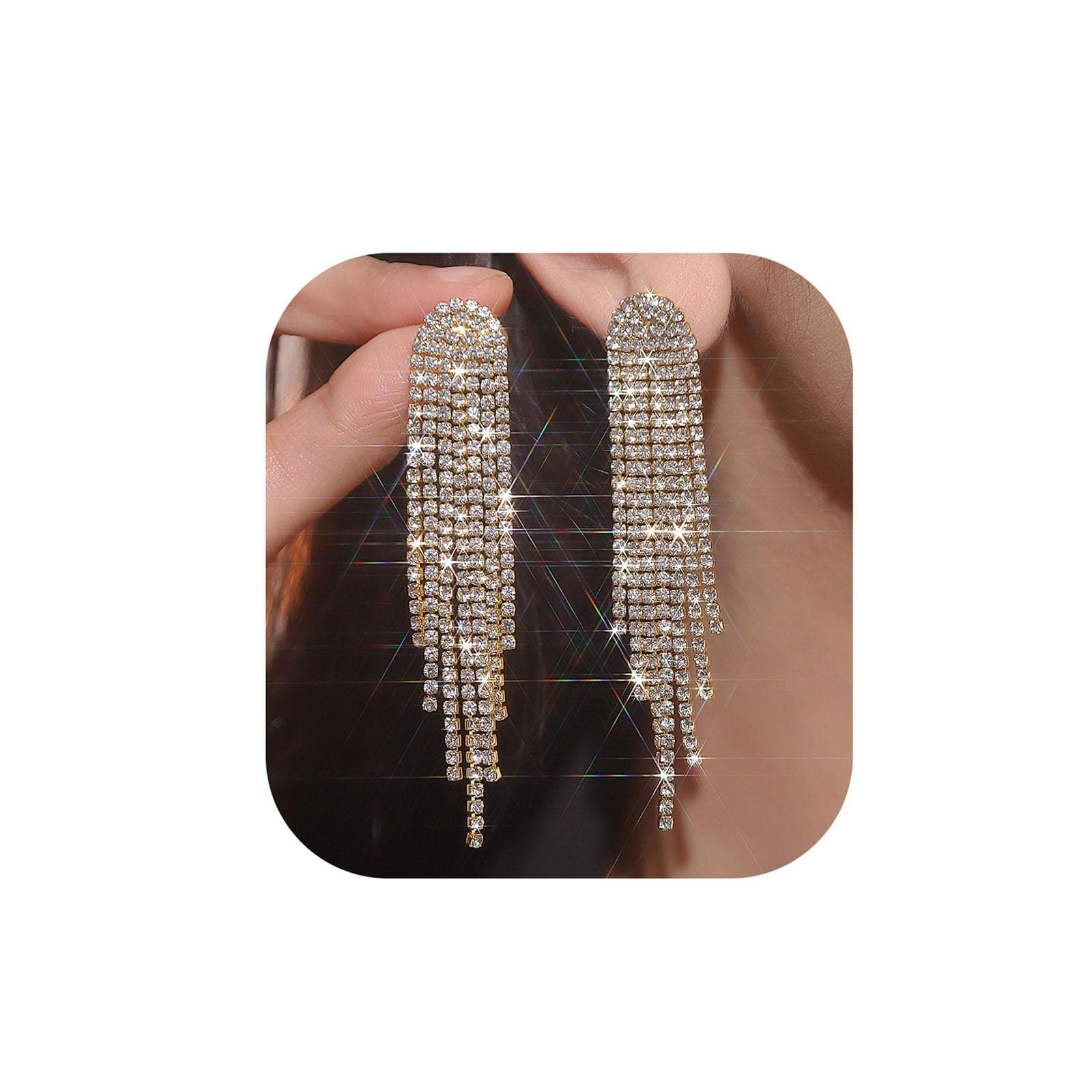 FUTIMELYRhinestone Tassel Earrings Sparkly Long Fringe Crystal Chandelier Dangle Drop Earrings Wedding Party Prom Earrings Premium Iridescent Earrings Wedding Party Jewelry Gifts for Women