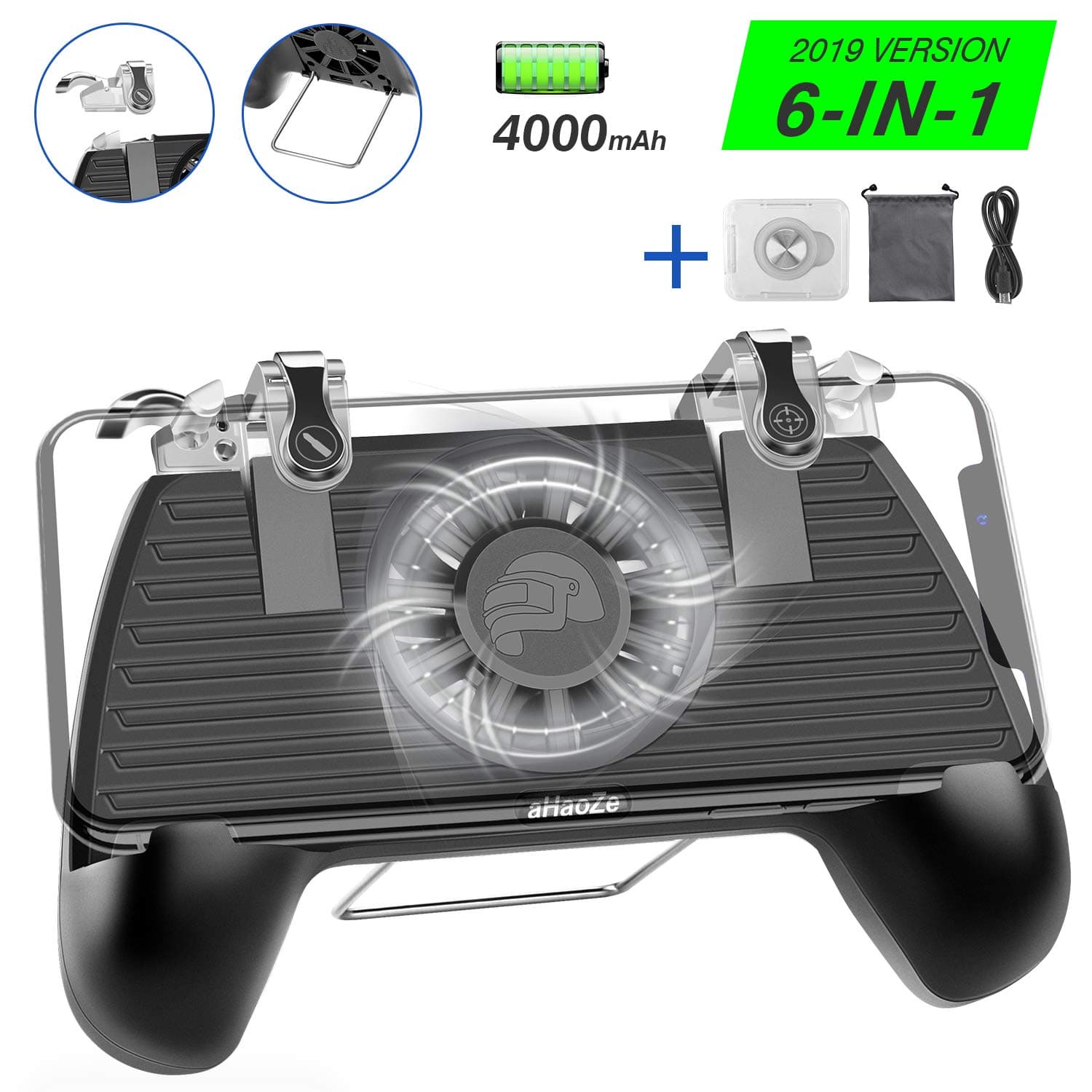 Mobile Game Controller with Portable Charger 4000mAh Cooling Fan for Fortnite PUBG, Phone Controller L1R1 Game Trigger Joystick Gamepad Grip with Phone Support for 4-6.5" Android iOS Phone