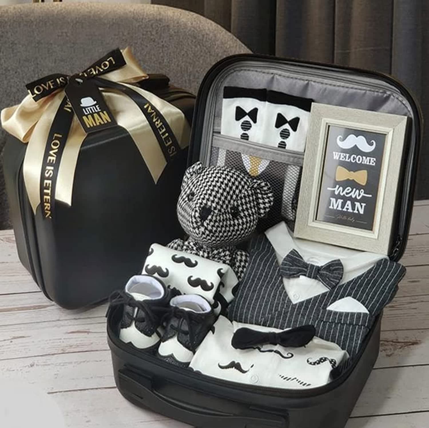 GenericNew Born Baby Boy Gift Set – 6 Pieces, Black – Clothes Suit, Trousers, Waistcoat, Bowtie, Romper, Shoes, Socks, Soft Toy, Photo Frame & Suitcase