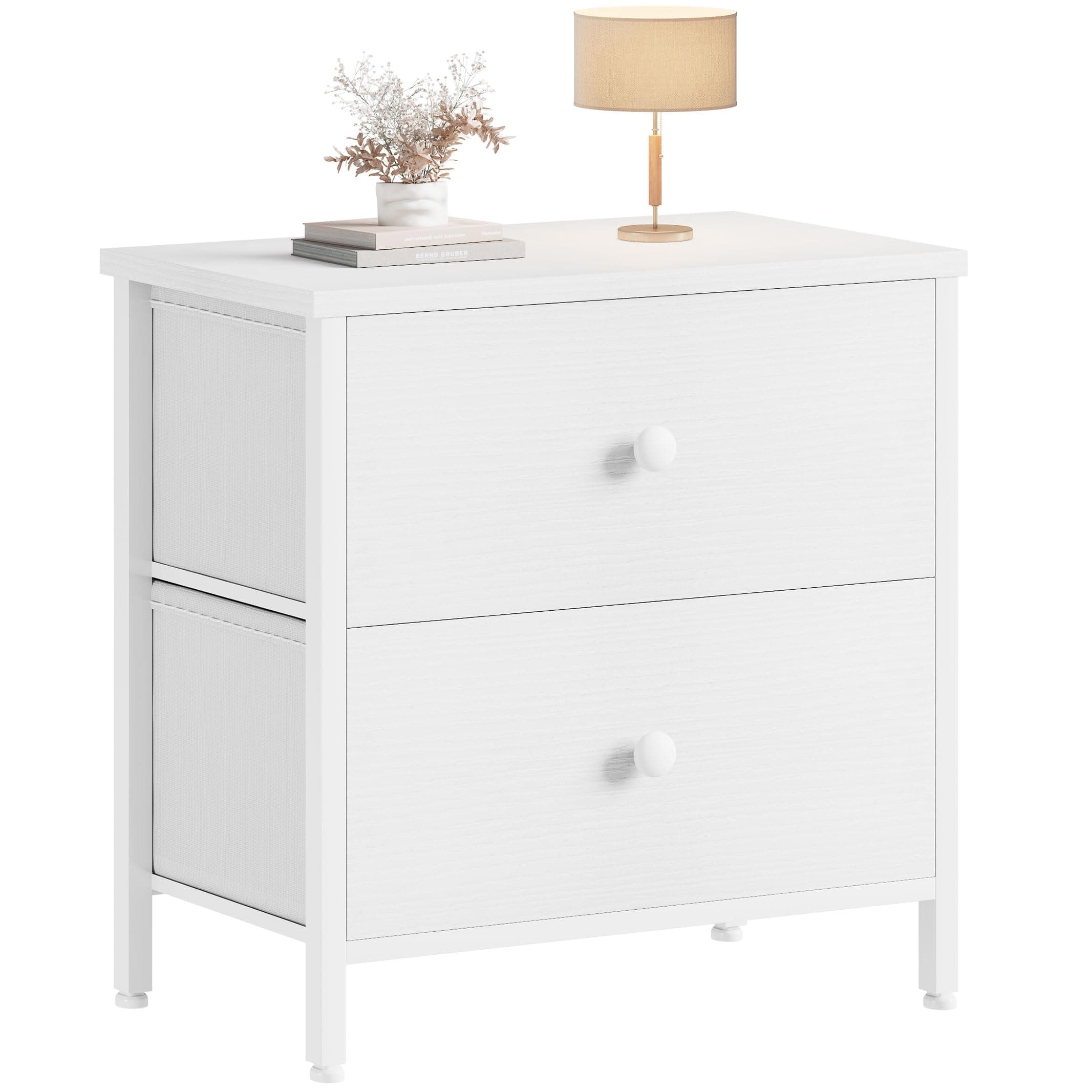White Nightstand 2 Drawer for Bedroom,Small Night Stand with Fabric Drawers End Table Modern