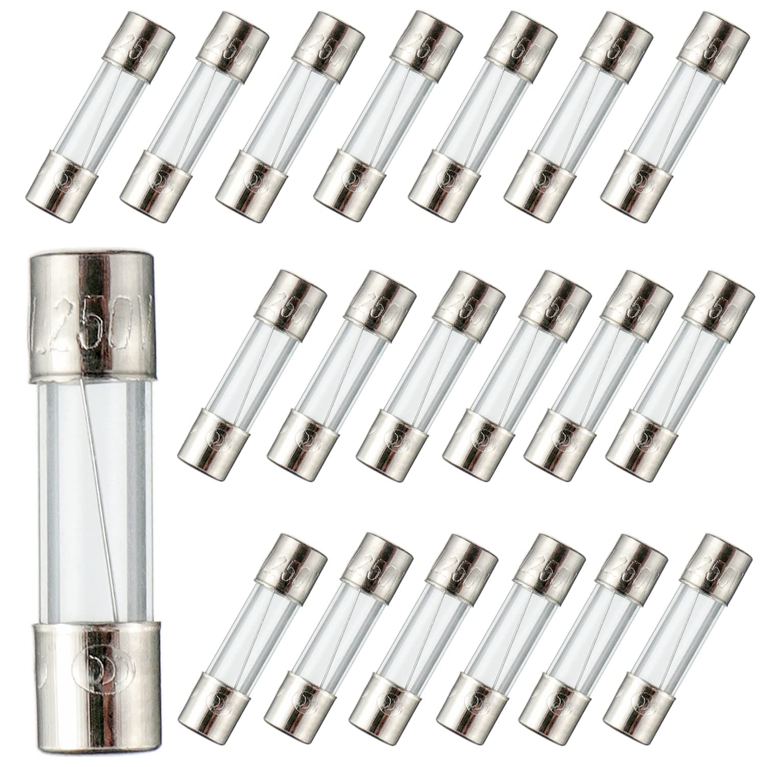 BOJACK 5x20mm 6.3A 6.3amp 250V 0.2x0.78 Inch F6.3AL250V Fast-Blow Glass Fuses (Pack of 20)
