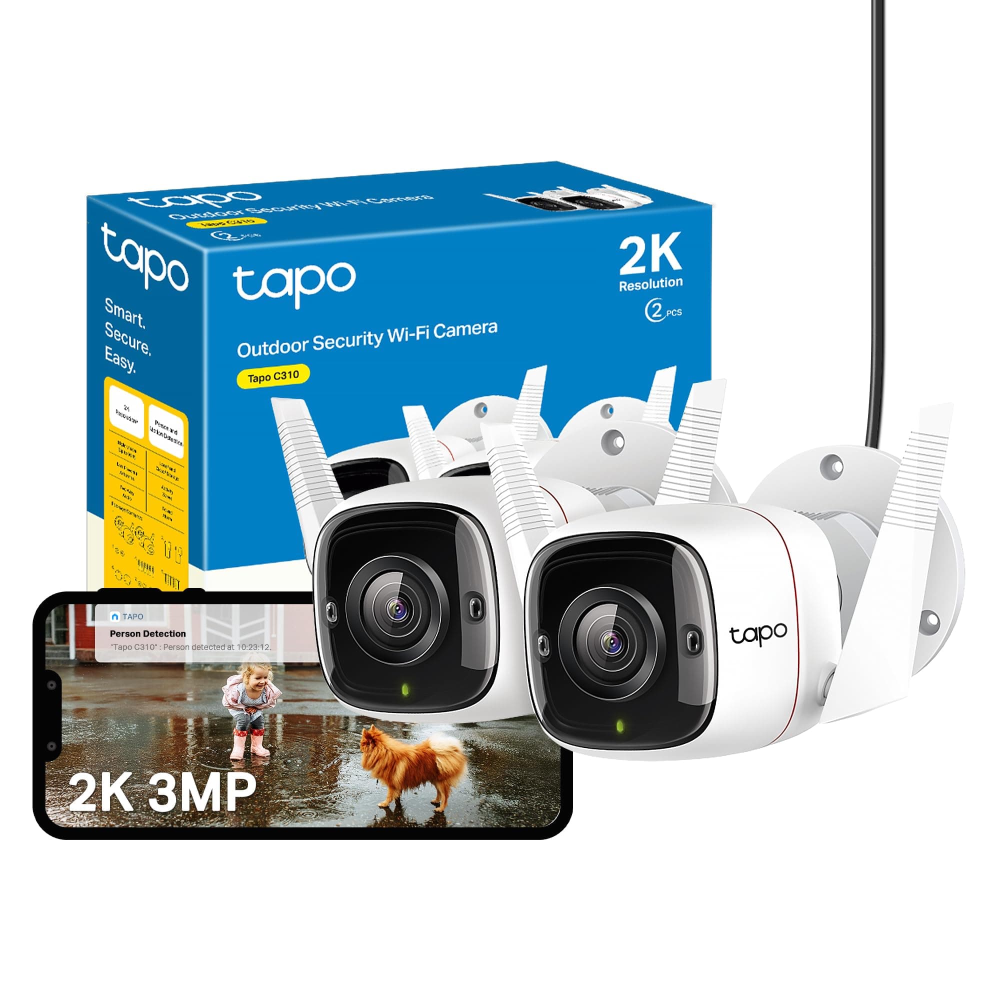 Tapo C310P2 2-Pack 2K Security Camera Outdoor Wired, Outdoor Camera No Monthly Fee, AI Detection, Advanced Night Vision, Two-Way Talk, IP66 Weatherproof, Works with Alexa & Google