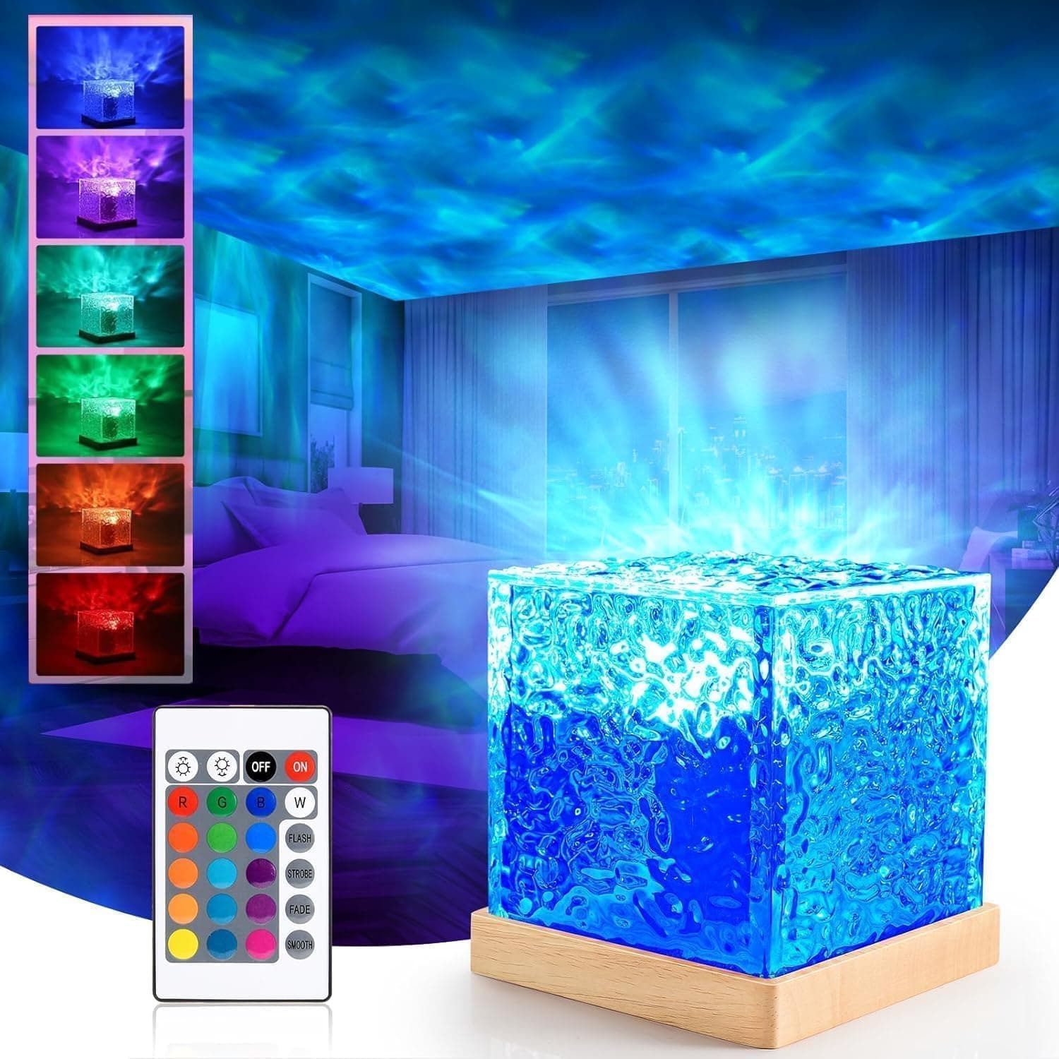 One94Store acrylic Romantic Ocean Wave Night Light Projector Lamp 3D Water Wave Effect, LED Projection Lamp for Bedroom Decor, Remote Control (Cube Shape) Multicolor