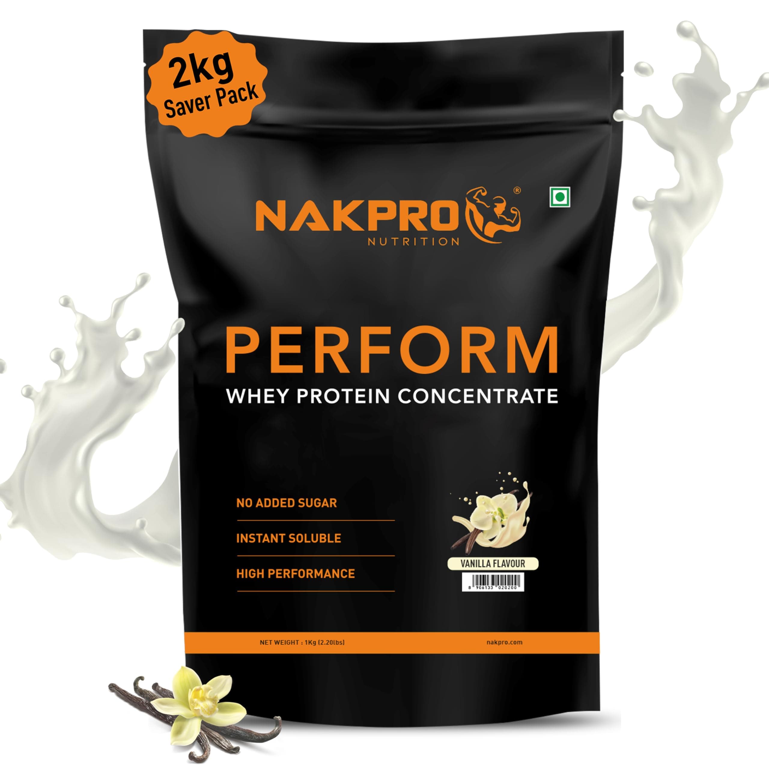 NAKPRO Perform Whey Protein Concentrate 2kg Vanilla | 24g Protein, 5.3g BCAA | Trustified Certified 100% Authentic Supplement Powder & No Adulteration | Fast Absorbing Whey Protein Powder