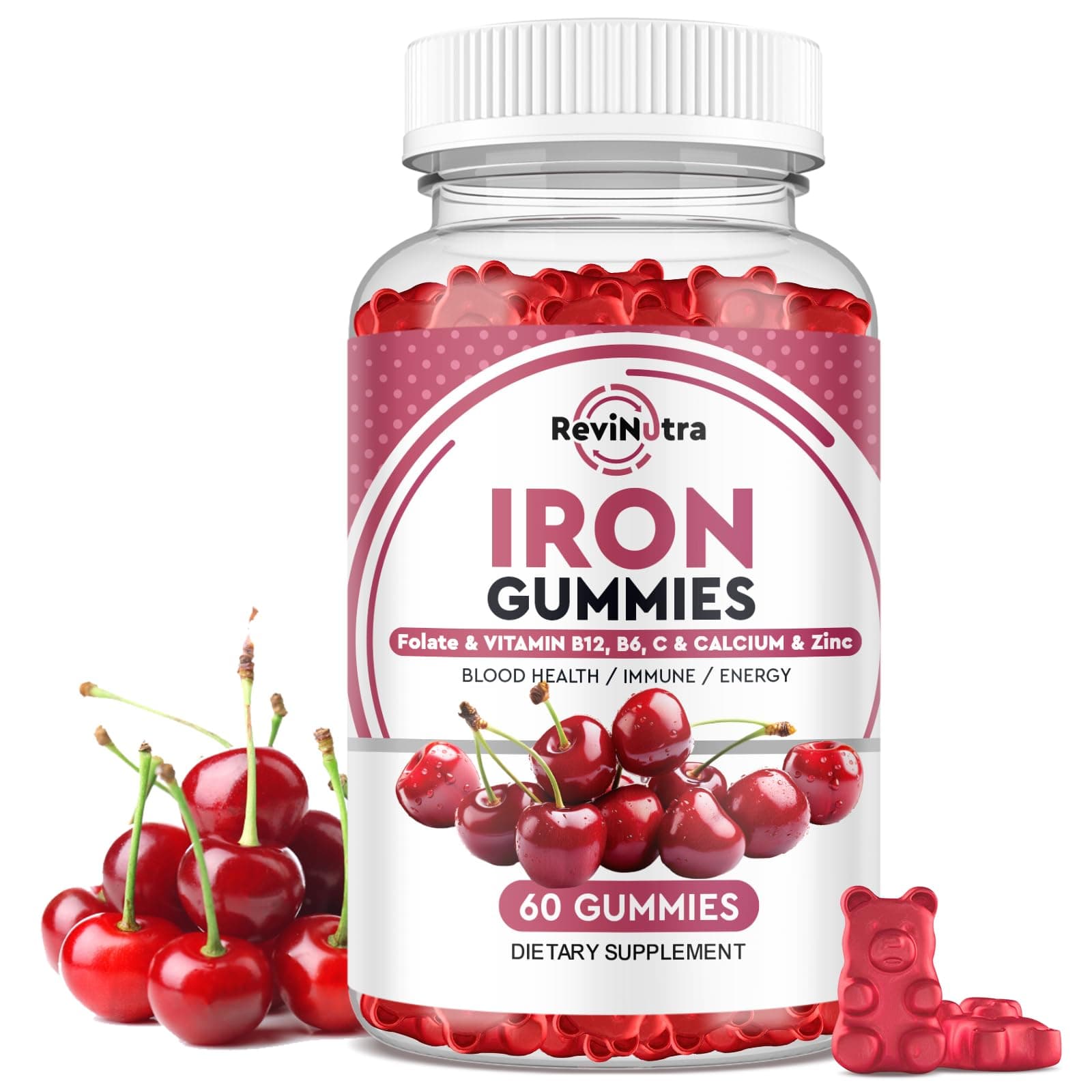 Iron Gummies with Zinc, Calcium, Vitamin C, B6 & B12 | Iron Supplement for Women, Men & Kids | Supports Anemia & Deficiency, Blood Builder & Cell Formation | Chewable Cherry Flavor | 60 Gummies