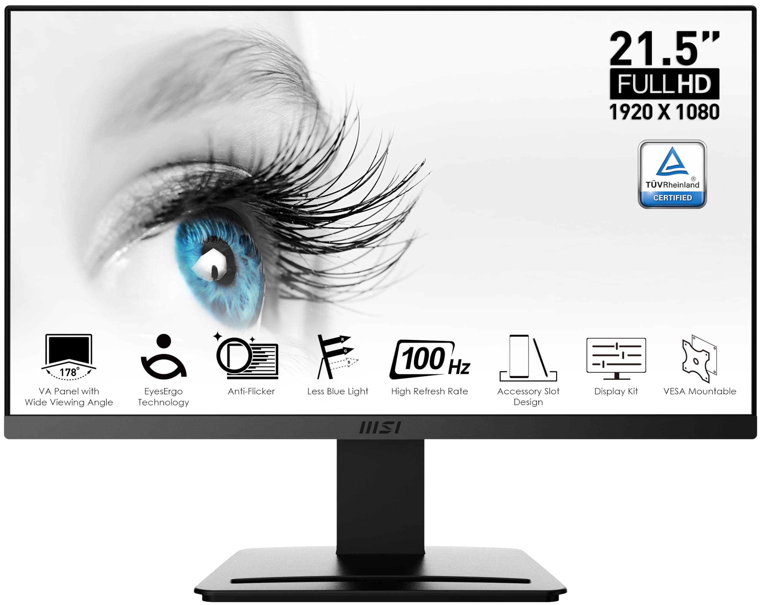 PRO MP223, 22-inch VA 1920 x 1080 (FHD) Computer Monitor, 100Hz, Adaptive-Synch, HDMI, Video Port, VESA Mountable, Less Blue Light, Tilt, 1ms, Black