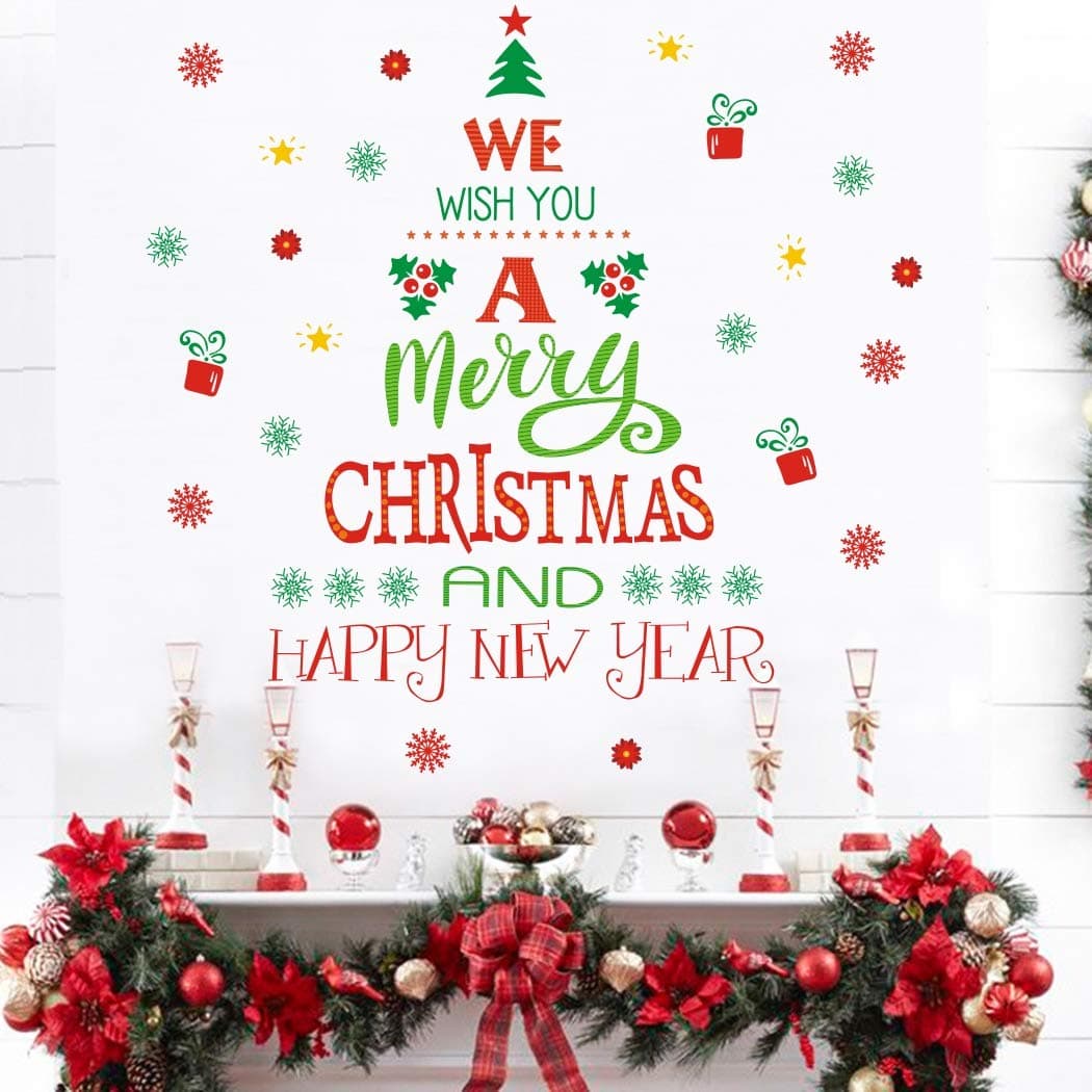 TOARTi Merry Christmas Quotes Wall Decals Happy New Year Quotes Stickers Christmas Tree Snowflake Stickers for Wall Christmas Party Supplies Christmas Window Clings
