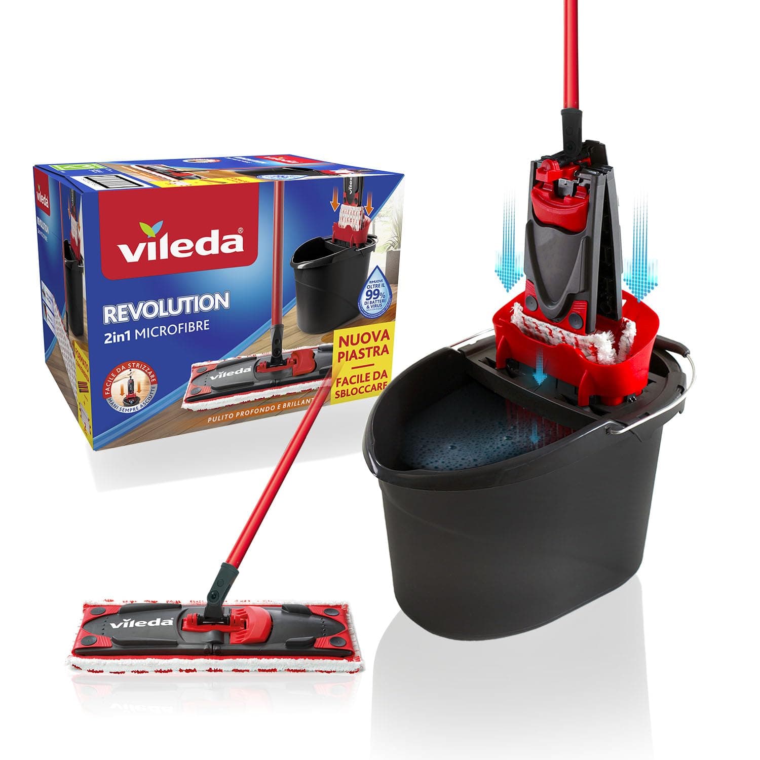 Vileda - All Floor Cleaning System with Bucket, Dish Drainer and Stand with Microfibre Cloth - Black/Red
