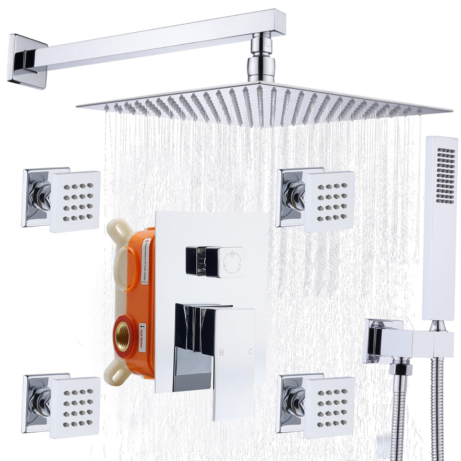 ENGA Bathroom Shower System 12-inch Rainfall Showerhead with Body Spray and Handheld Shower (Chrome)