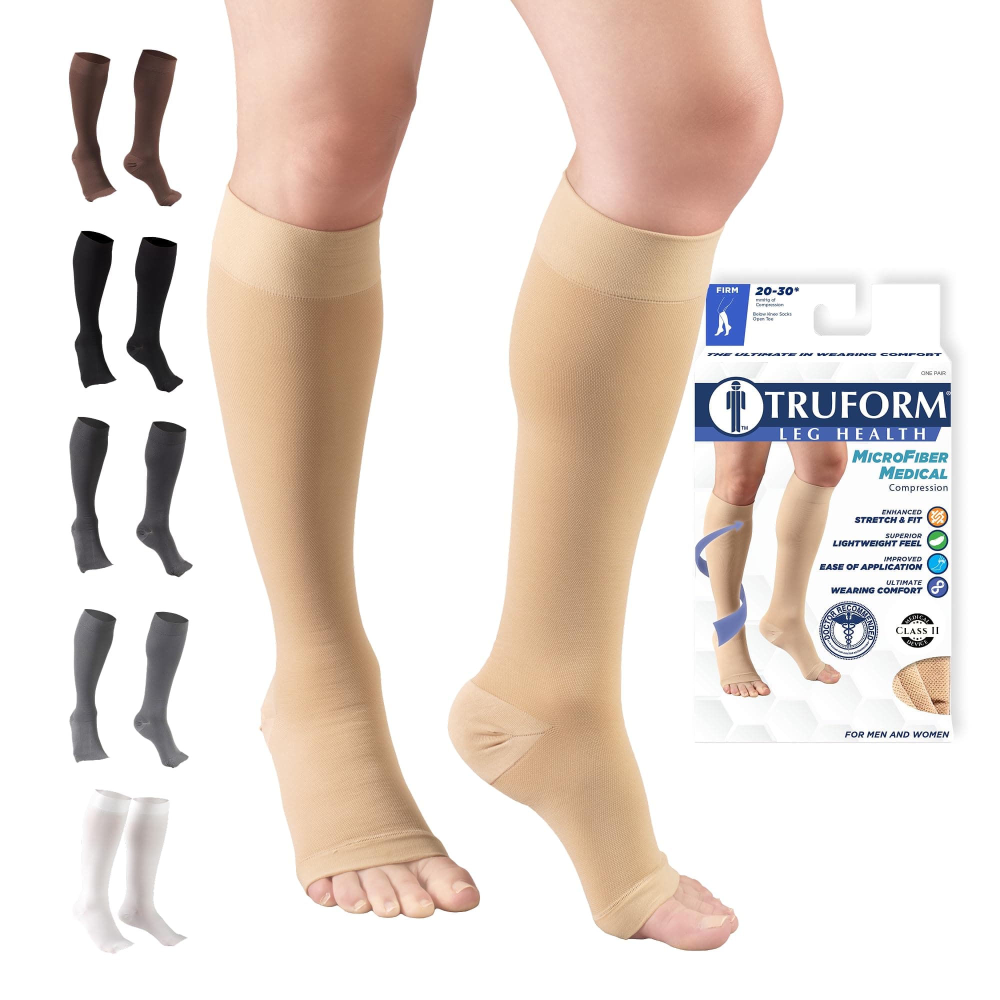 Truform 20-30 mmHg Compression Stockings for Men and Women, Knee High Length, Open Toe, Beige, Large
