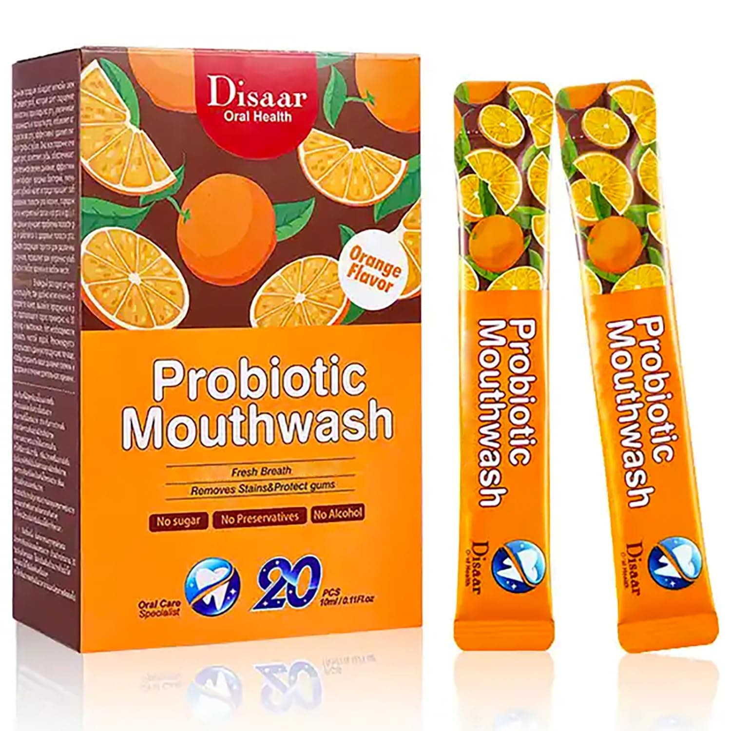 DISAAR BEAUTY Probiotic Mouthwash Removes Tooth Stains Soft Cool Mouth Feeling Protect Clean Deodorant Teeth 0.11fl.oz X 20pcs (Orange - Fresh Breath & Remove Stain & Protect Gum)