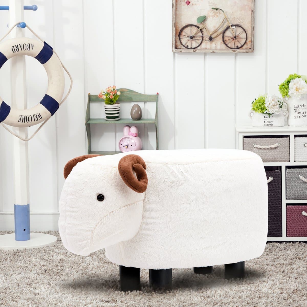 Guteen Upholstered Ride-on Toy Seat Ottoman Footrest Stool with Vivid Adorable Animal-Like Features(Beige Sheep)